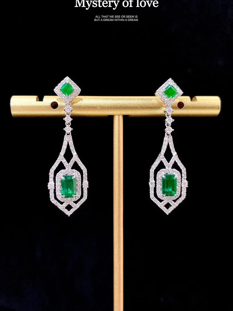 18K White Gold Emerald and Diamond Earrings for Women - Luxury Elegant Gemstone Jewelry Gift for Birthday, Anniversary, Wedding & Senior Banquet