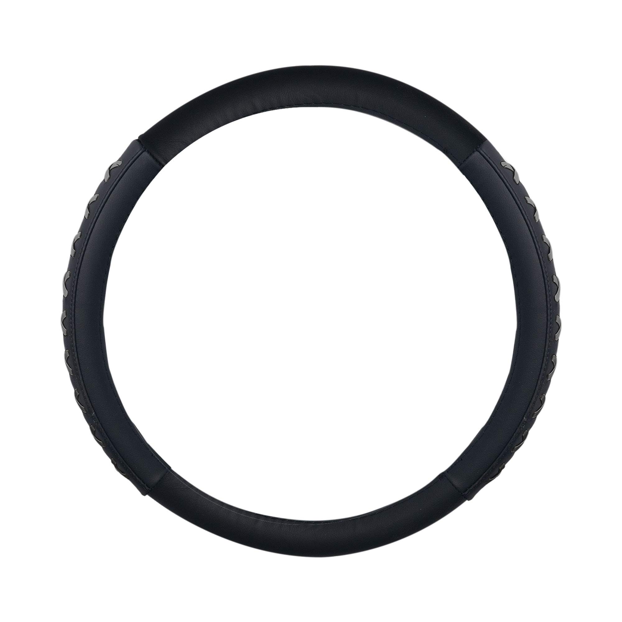 TLH Universal Gray 15 Inch Genuine Leather Steering Wheel Cover with Lace-Up Detailing - Non-Slip Grip, Easy Installation - Perfect for Cars, Trucks & SUVs - Enhance Comfort & Style While Driving