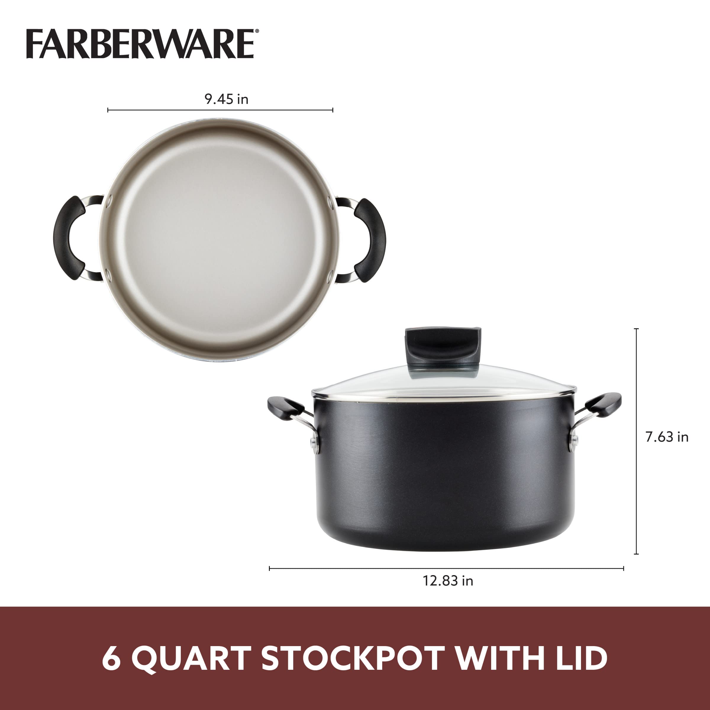 Farberware Smart Control Nonstick Stock Pot with Lid - 6 Quart Black Cookware for Soups, Stews & Pasta - Perfect for Family Dinners & Meal Prep
