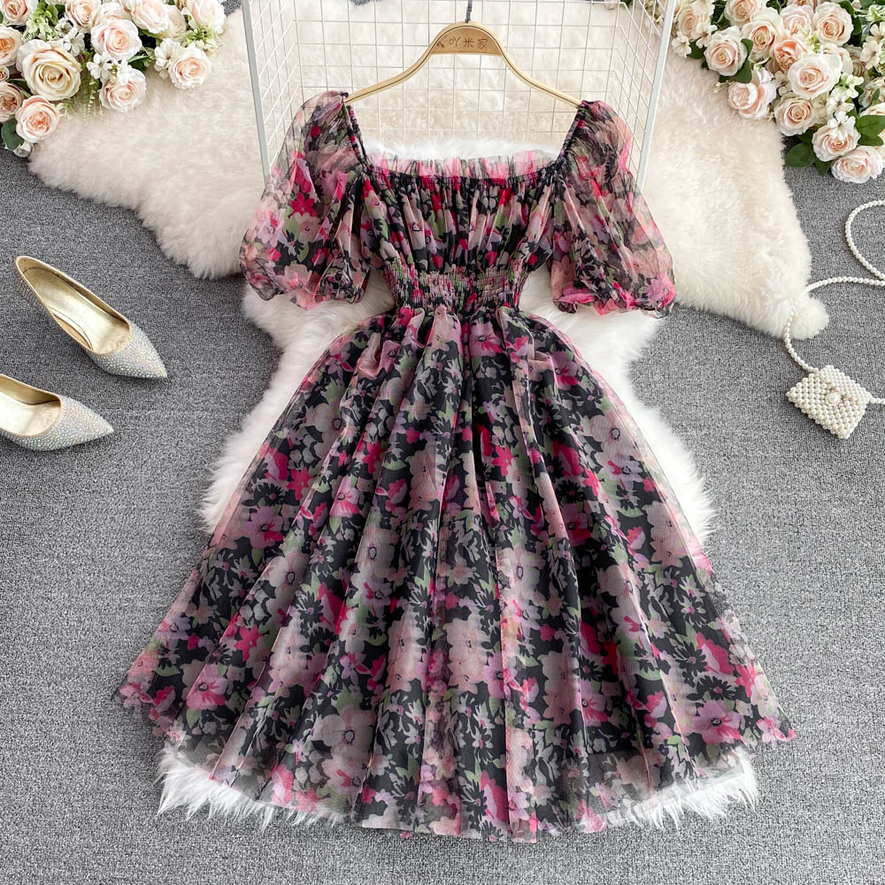 French Square Collar Floral Print Dress - Vintage Summer Dress for Women | Retro Sweet Skirt Style 885 | Perfect for Garden Parties, Date Nights & Casual Outings