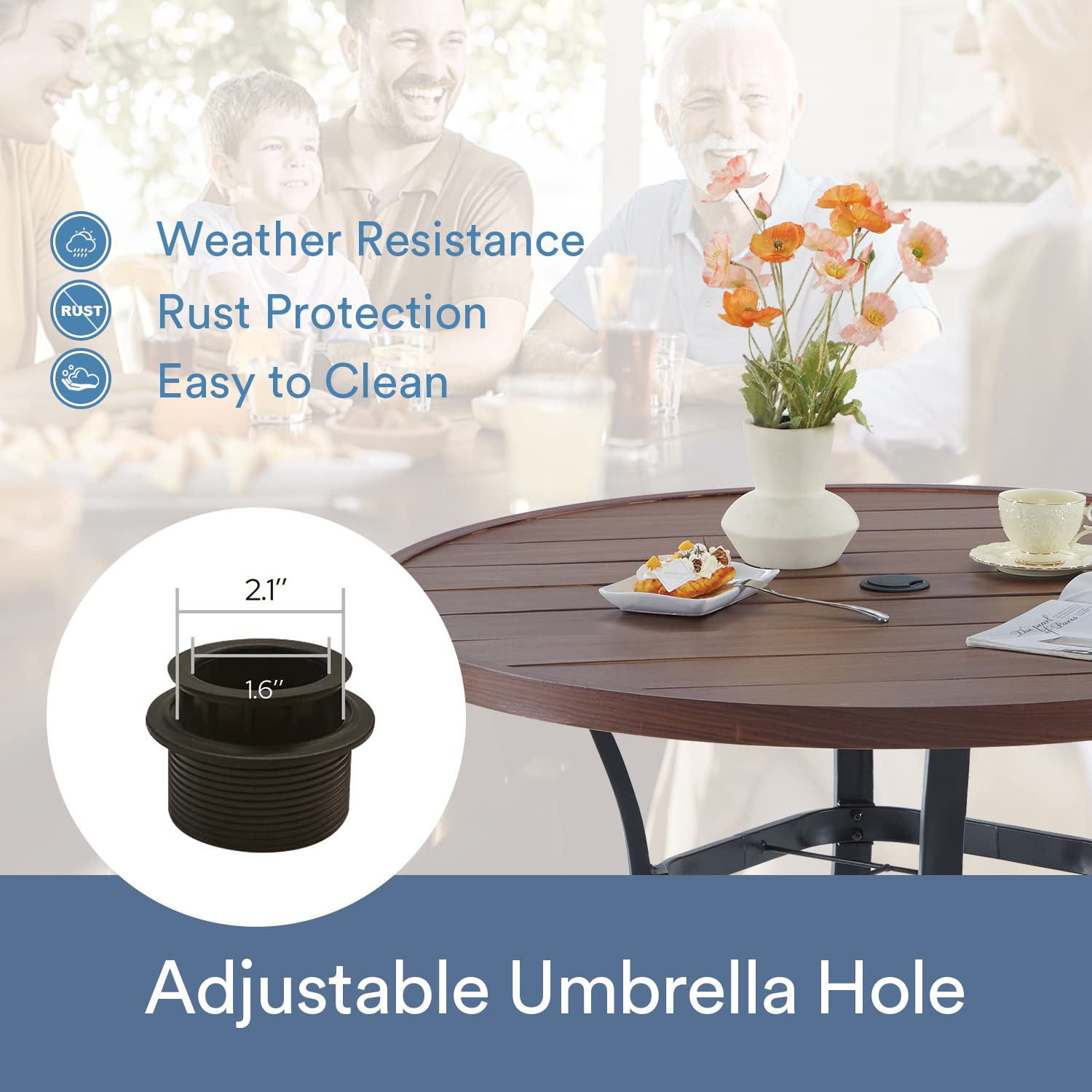 VICLLAX 42 Inch Round Outdoor Patio Dining Table with Metal Slatted Tabletop & Adjustable Umbrella Hole - Walnut Finish for Deck, Lawn, Garden, Backyard | Perfect for Outdoor Entertaining, BBQs, and Family Gatherings