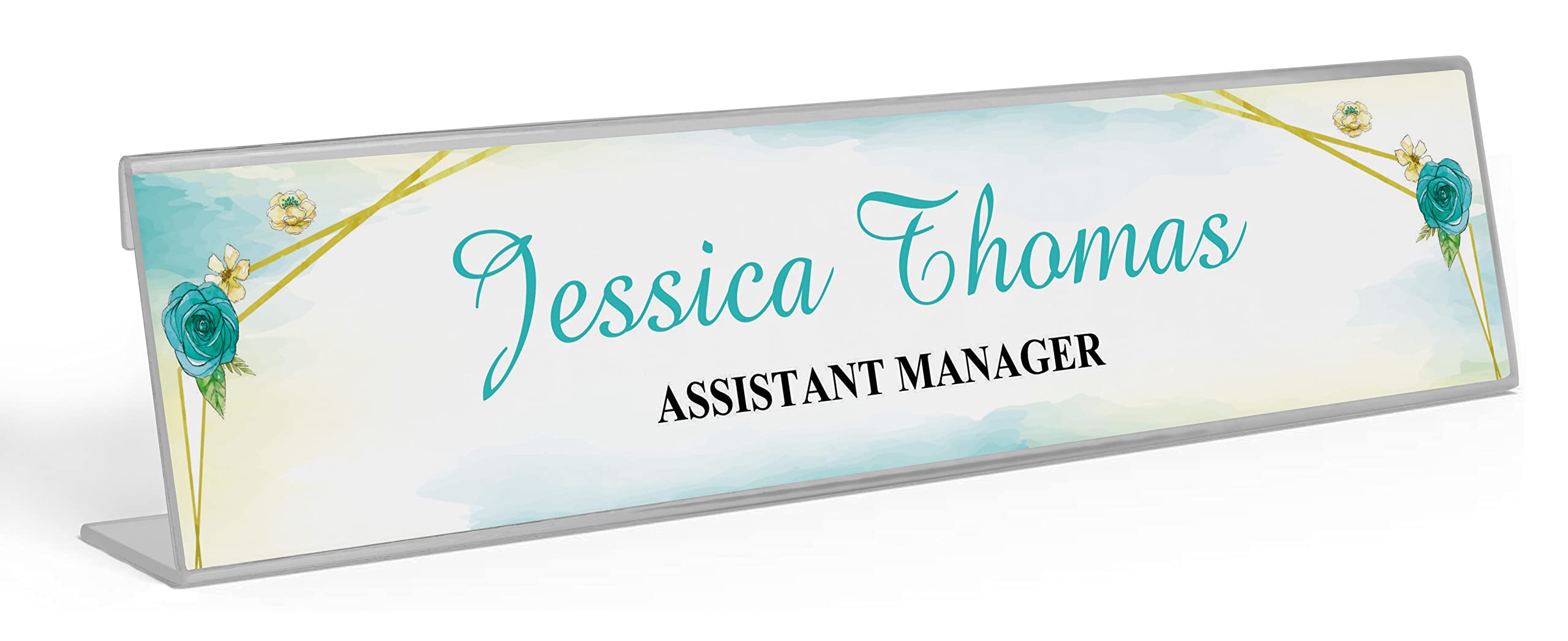 Custom Acrylic Desk Name Plate with Watercolor Flowers - Personalized Office Name Sign (2x8 Inches) - Perfect for Workstations, Gifts & Professional Spaces