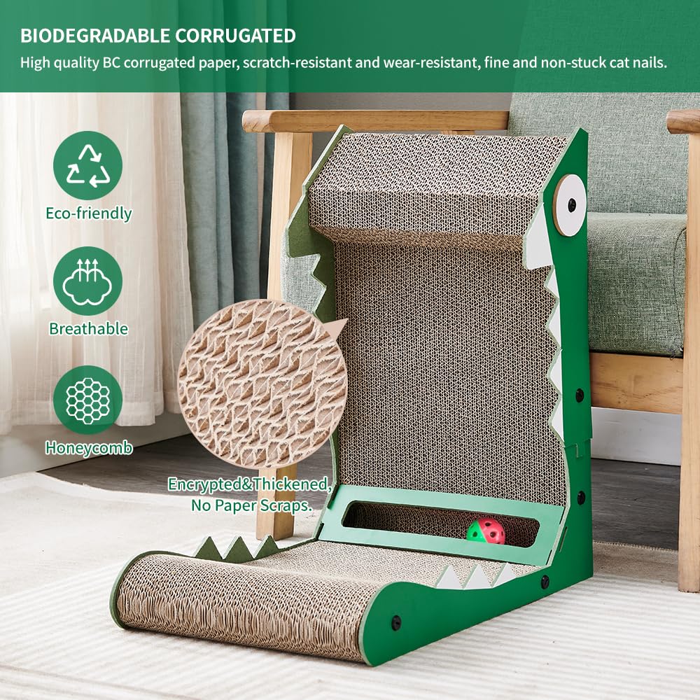 Premium L-Shaped Cat Scratcher Wall Mount - 19.7 Inch Cardboard Scratching Pad with Ball Toy & Crocodile Design - Protects Furniture from Cat Scratching - Perfect for Indoor Cats, Apartments & Home Decor