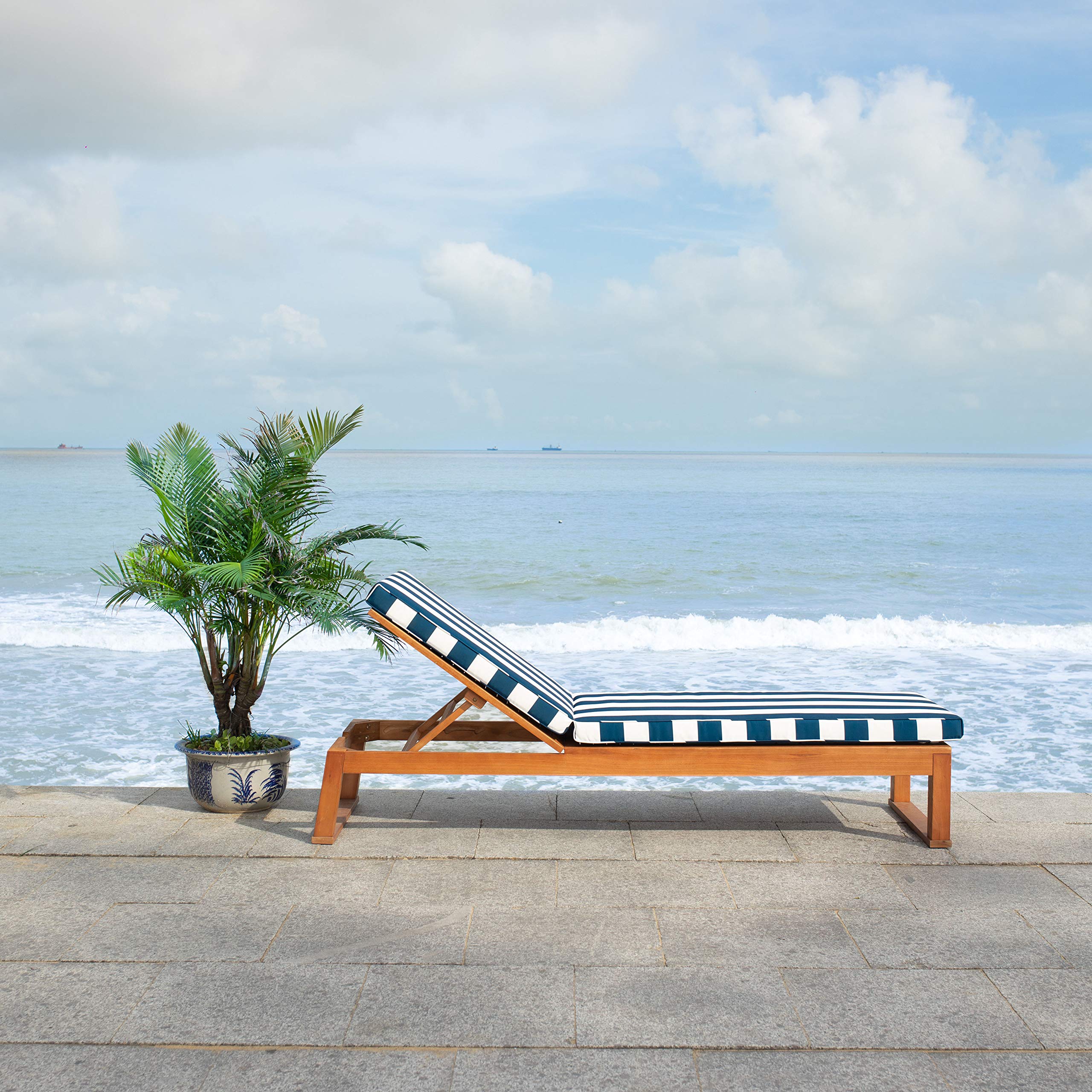 SAFAVIEH Solano Adjustable Chaise Lounge Chair - Natural Brown Solid Wood with Navy Blue & White Stripe Cushion - Outdoor Patio Furniture for Poolside, Garden & Backyard Relaxation (PAT7024H)
