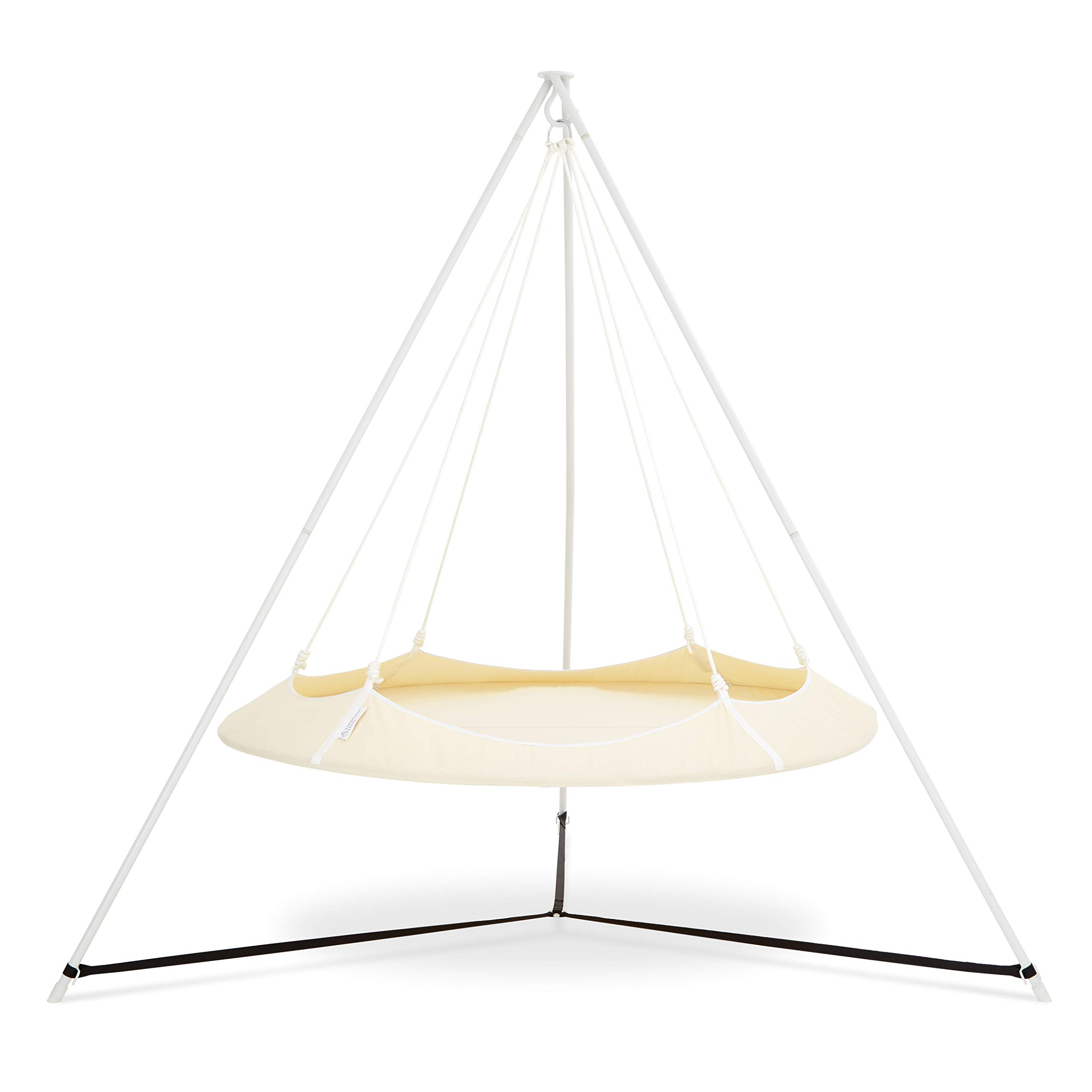 Portable Circular Family Hammock with Stand - Outdoor Hanging Chair & Porch Swing for Garden, Deck, Lawn, Patio, Camping - Cream & White - Perfect for Relaxation, Backyard Lounging and Outdoor Adventures
