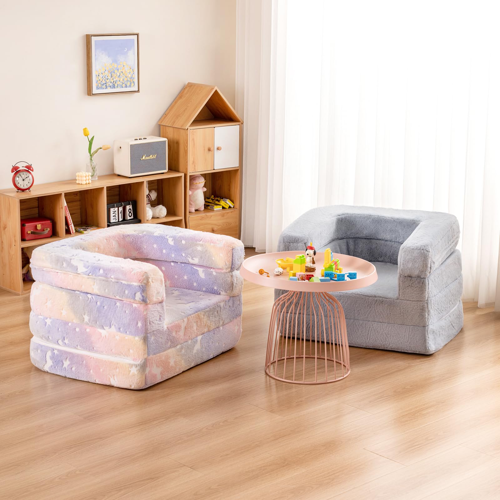 Tiita 3-in-1 Convertible Kids Sofa Bed - Plush Toddler Chair & Portable Travel Bed with Washable Cover & Carrying Handle - Perfect for Nursery, Playroom & Travel - Gift for Boys & Girls