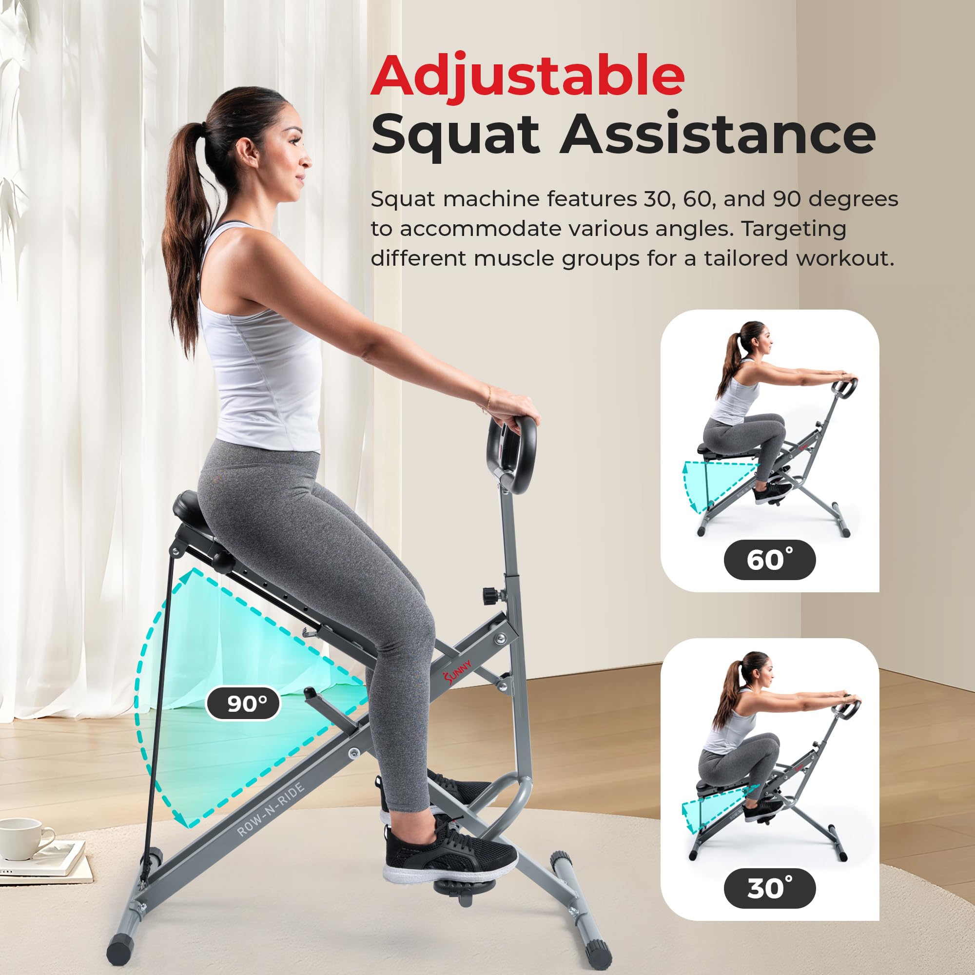 Sunny Health & Fitness Foldable Row-N-Ride Squat Trainer with Adjustable Resistance - Home Gym Equipment for Arms, Glutes & Legs Workout | Compact Exercise Machine for Small Spaces | Perfect for Home Fitness & Strength Training