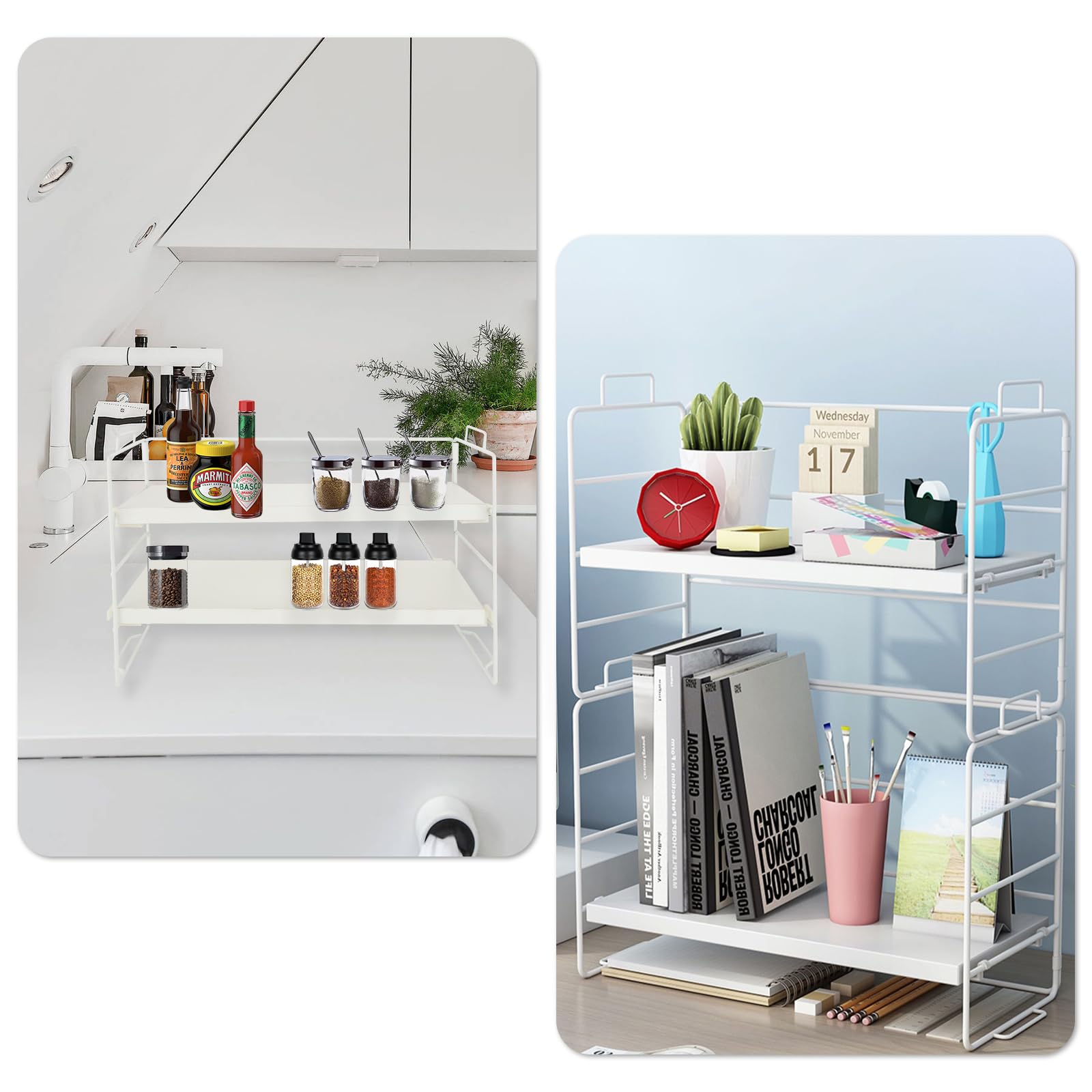 2-Tier White Desktop Organizer Shelf - Adjustable Office Supplies Storage Rack for Desk, School & Kitchen | Perfect for Organizing Pens, Files & Small Items in Workspaces, Dorms & Home Offices