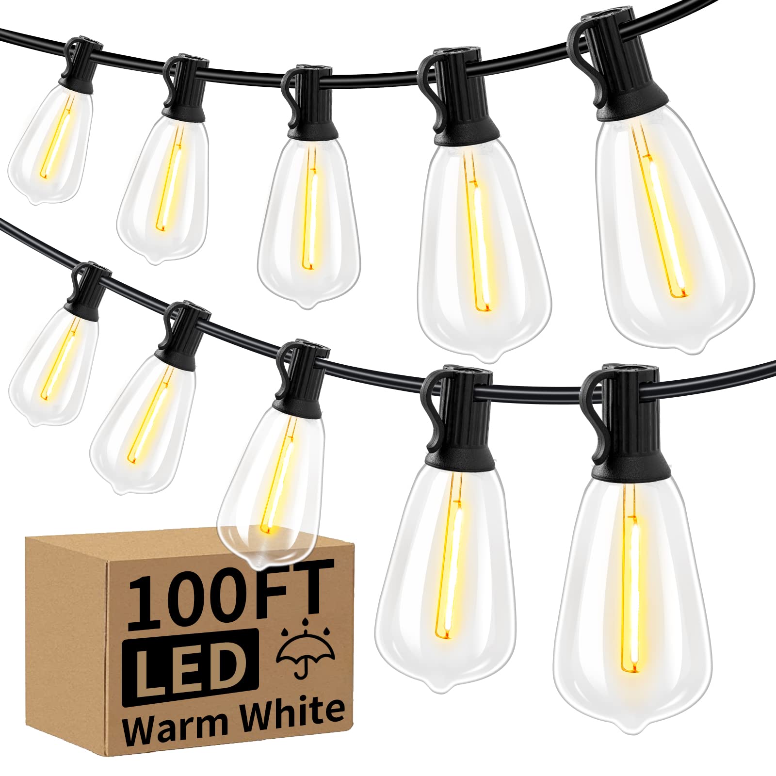 100FT UL Listed Waterproof Outdoor LED String Lights - 52 Shatterproof Dimmable ST38 Edison Bulbs, 2700K Warm White Connectable Patio Lights for Porch, Bistro, Yard, Deck, Balcony - Perfect for Backyard Parties, Wedding Decor & Outdoor Dining