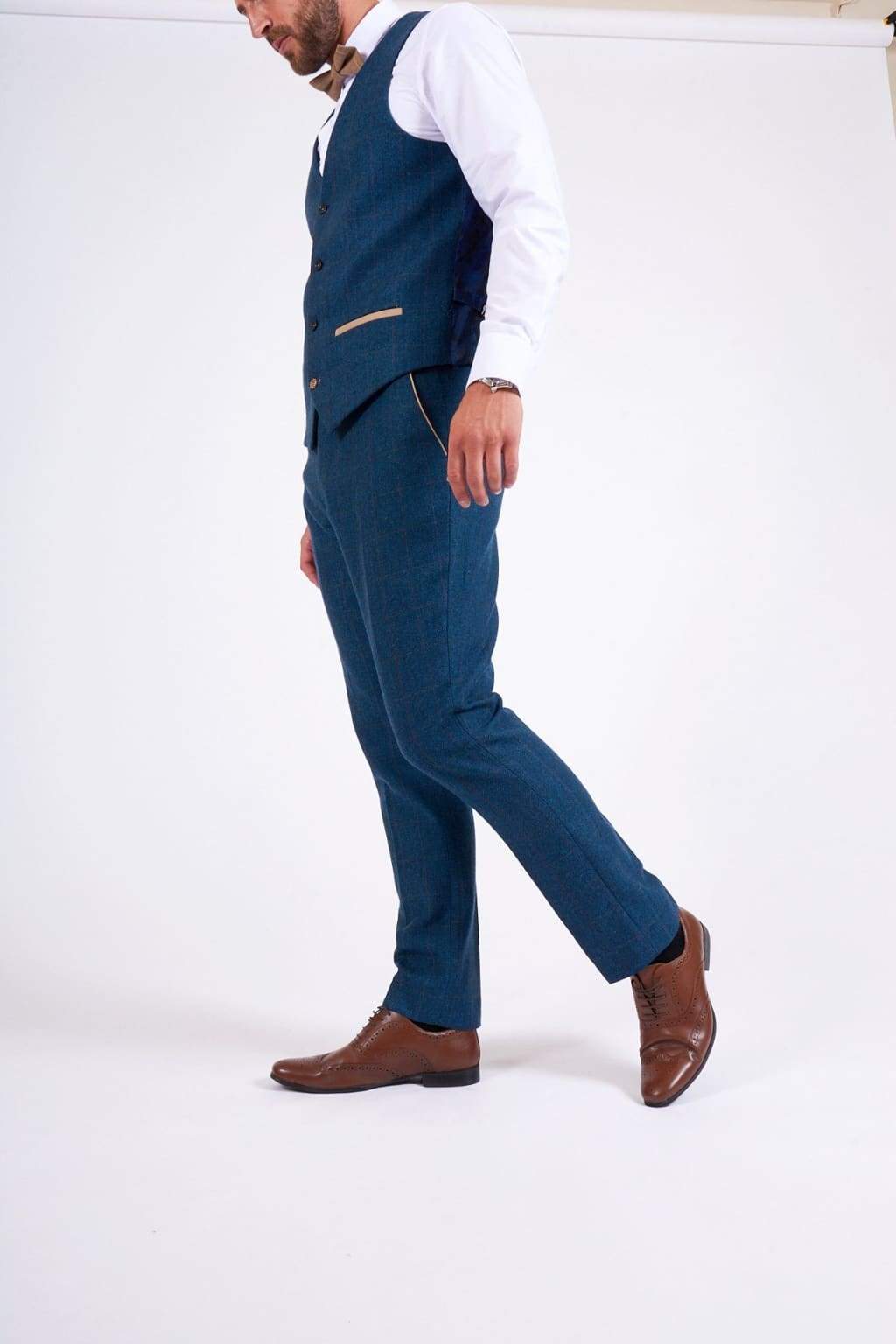 Marc Darcy Dion Men's Blue Check Tweed Trousers - Classic Slim Fit Dress Pants for Business, Office & Formal Occasions