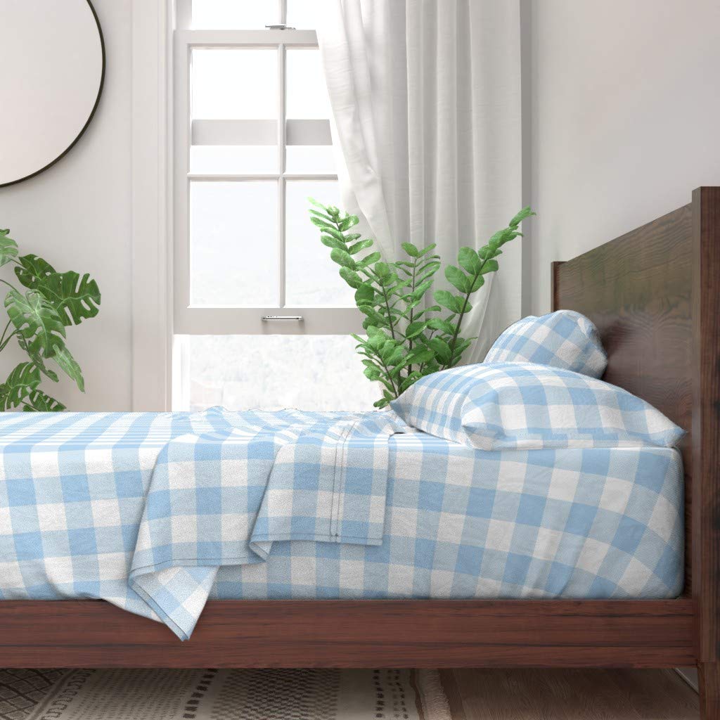 100% Cotton Twin Sheet Set 3-Piece - Big Buffalo Plaid Check Blue White Retro Print Custom Bedding | Soft & Breathable for Kids, Teens & Adults | Perfect for Nursery, Dorm Room or Guest Bed