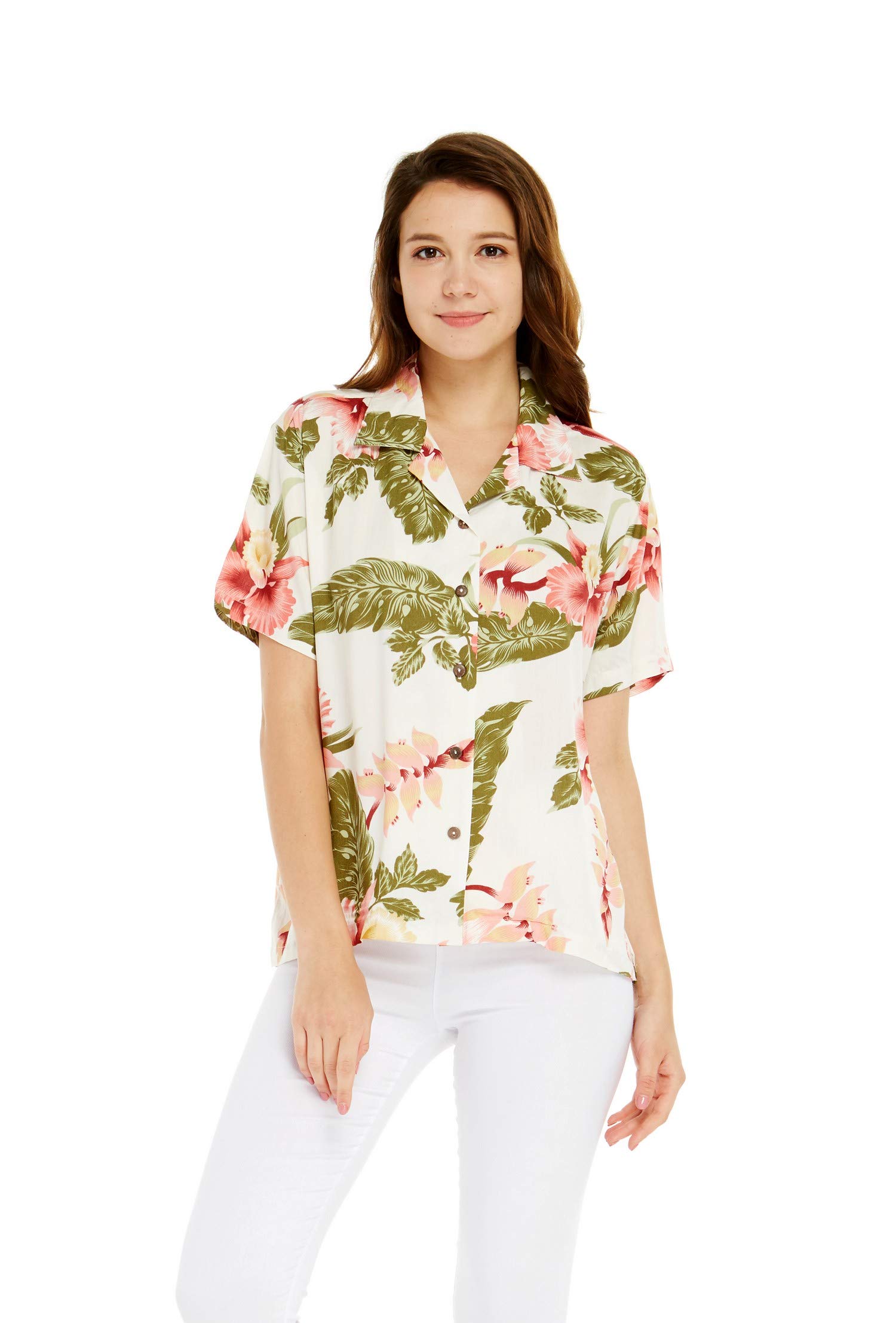 Hawaiian Couple Matching Aloha Shirts - Cream Rafelsia Luau Outfit for Beach Parties, Summer Vacations & Tropical Themed Events