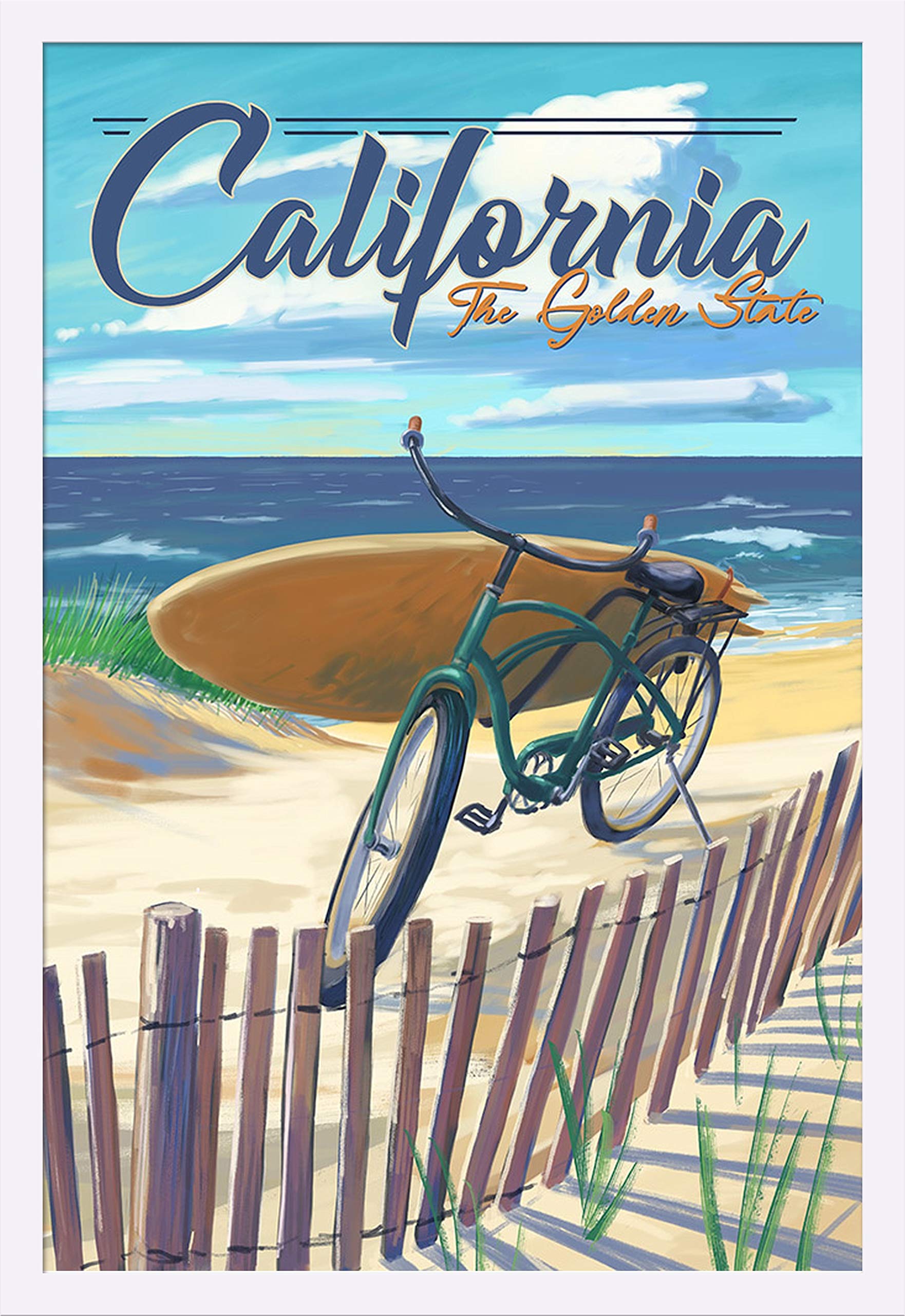 California Golden State Beach Cruiser Art Print - 24x36 Giclee Gallery Framed in White Wood - Perfect for Coastal Home Decor & Beach House Wall Art