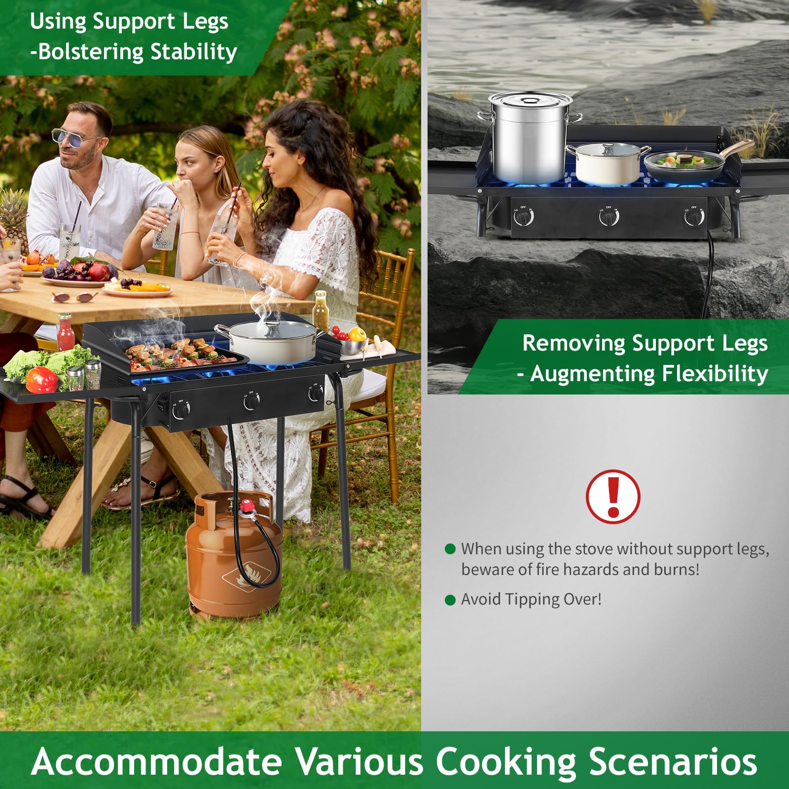Outvita 3 Burner Propane Gas Stove - 225,000 BTU Outdoor Camping Cooker with Windscreen & Side Shelves - Perfect for Backyard BBQ, Turkey Frying, Baking & Picnics