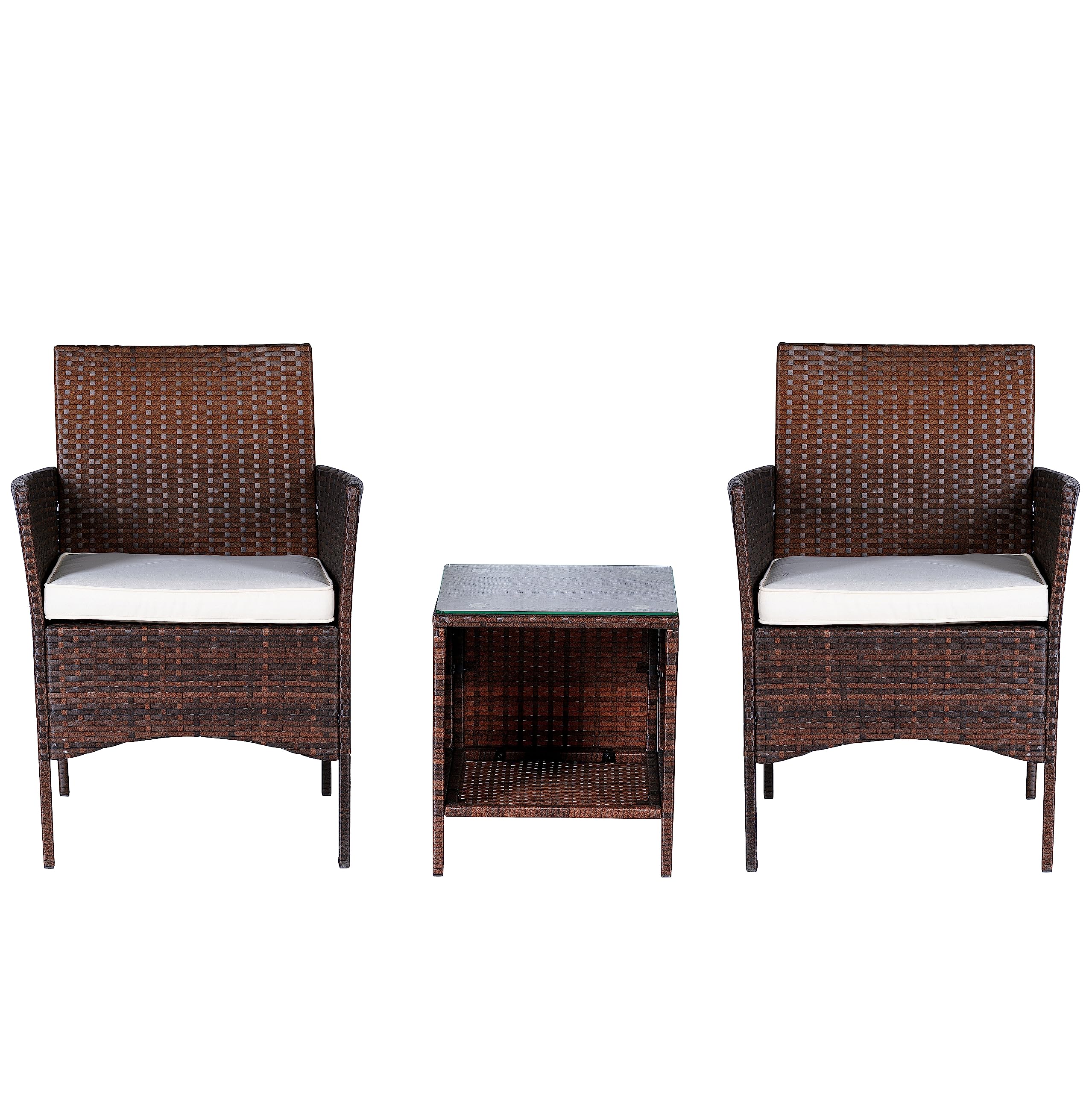 BTEXPERT 3-Piece Outdoor Wicker Bistro Set with Cushions - Rattan Patio Furniture for Garden, Porch, Yard - Space-Saving Conversation Set with 2 Chairs & Glass Top Table (Brown/Beige) - Perfect for Relaxing, Entertaining Guests, and Enjoying Morning Coffee Outdoors