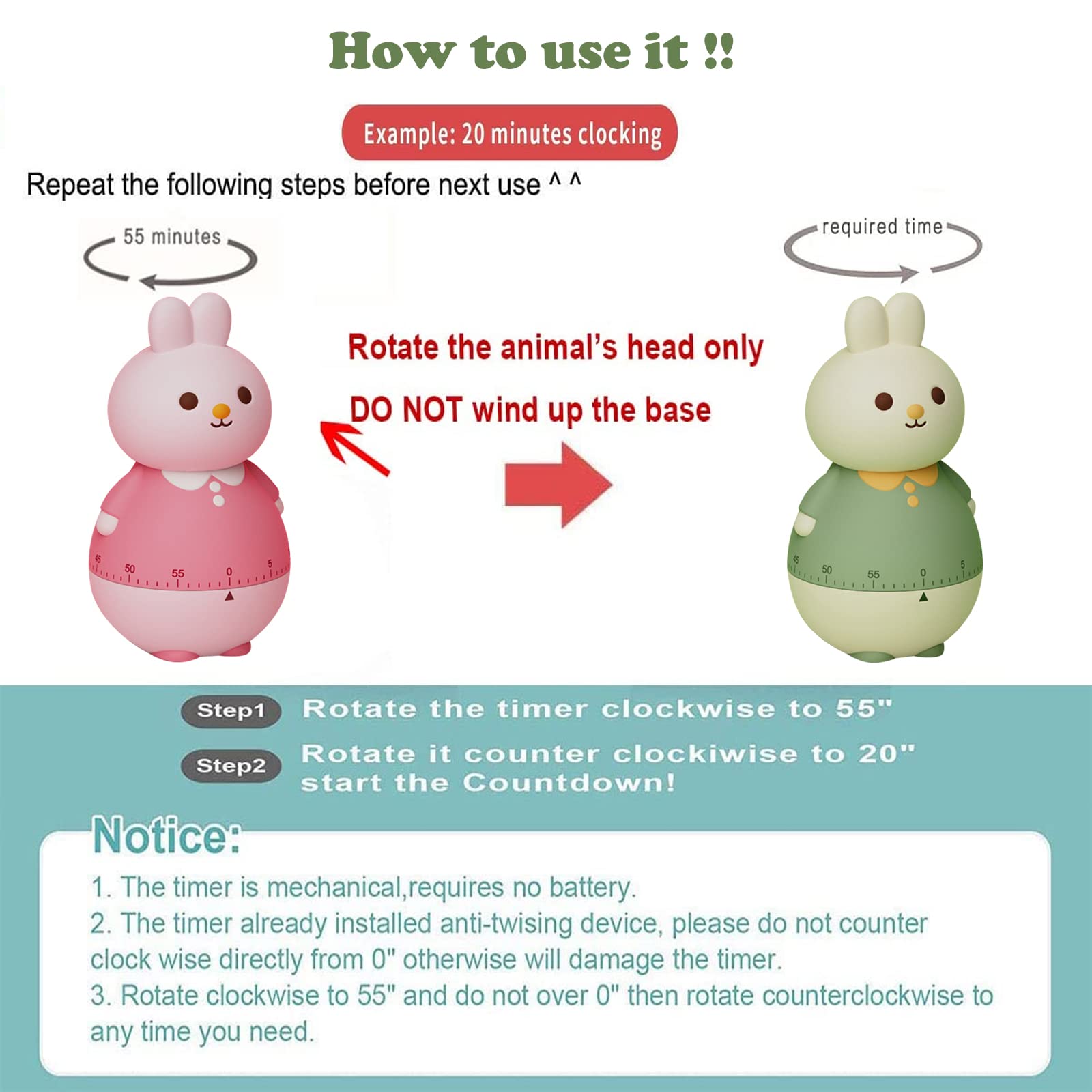 **Cartoon Bunny Kitchen Timer - 60 Minute Cute Animal Countdown Timer for Kids, Study, Work & Exercise - Battery-Free Desk Decor for Home & Office (Green)**    *(Perfect for baking, homeschooling, productivity tracking, and playful home décor!)*