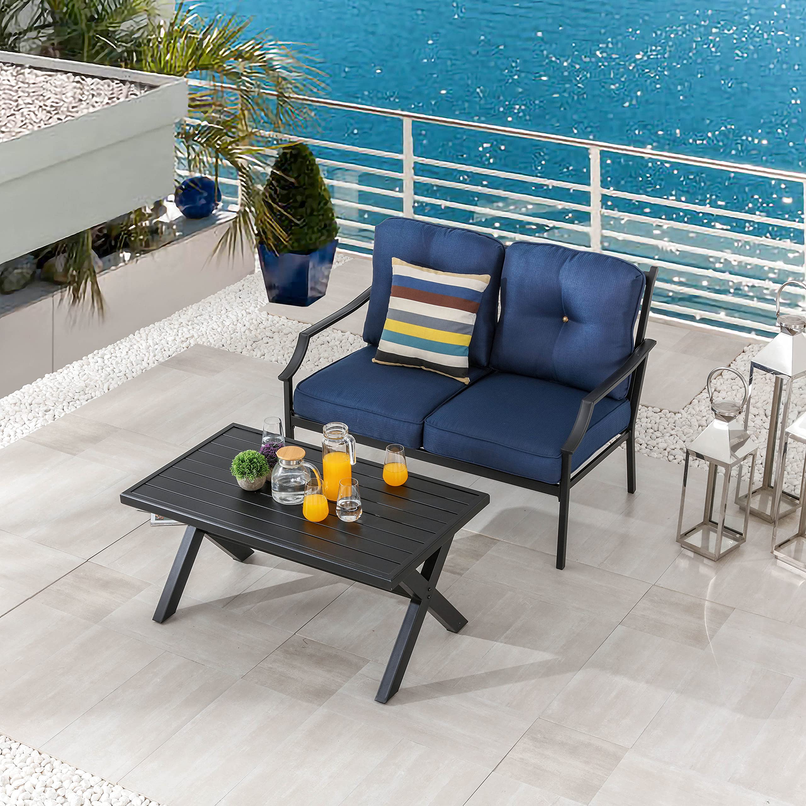 LOKATSE HOME 2-Piece Outdoor Patio Conversation Set - Metal Bench Sofa Loveseat with Cushions & Coffee Table in Blue - Perfect for Garden, Backyard, Poolside or Terrace Relaxation