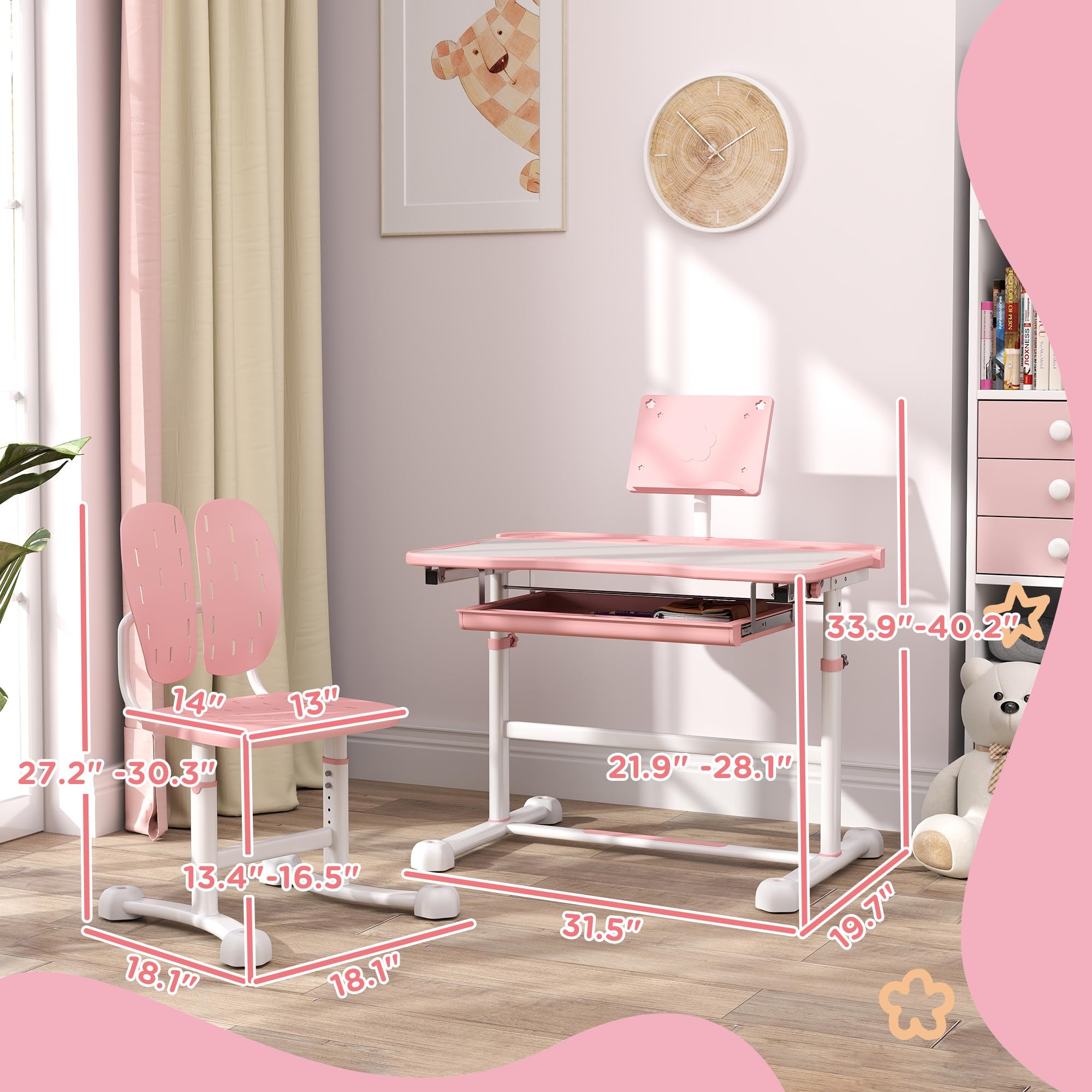 Qaba Adjustable Kids Desk and Chair Set with Storage Drawer & Book Stand - Ergonomic Study Desk for Writing, Reading, Drawing - Perfect for Homeschooling & Online Learning (Pink)