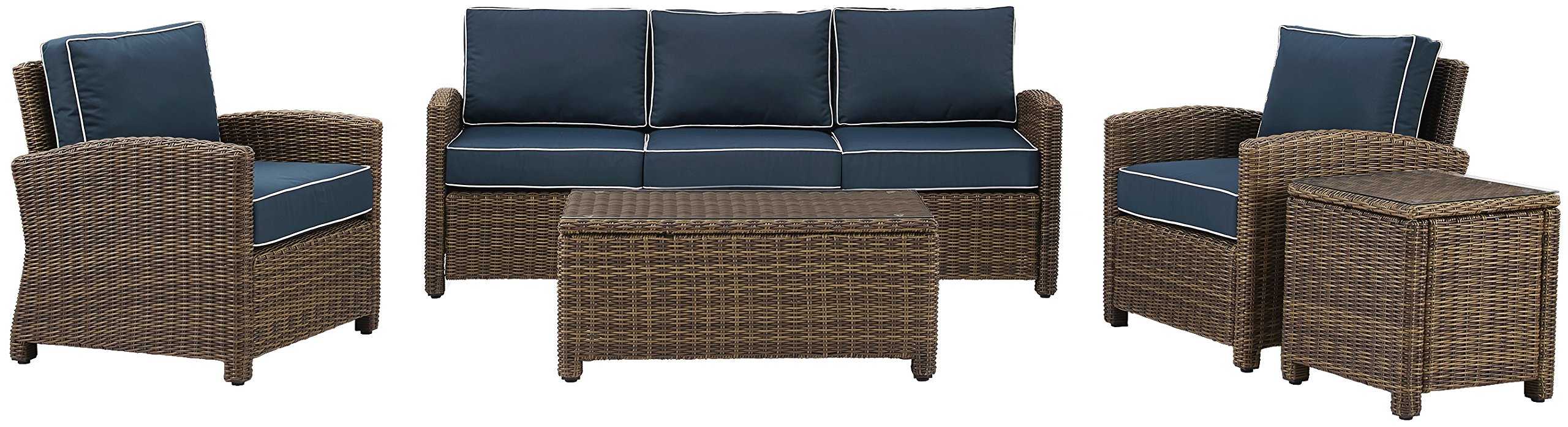 Crosley Bradenton 5-Piece Outdoor Wicker Sofa Set with Navy Cushions - Patio Furniture Conversation Set for Porch, Deck & Backyard (Brown)