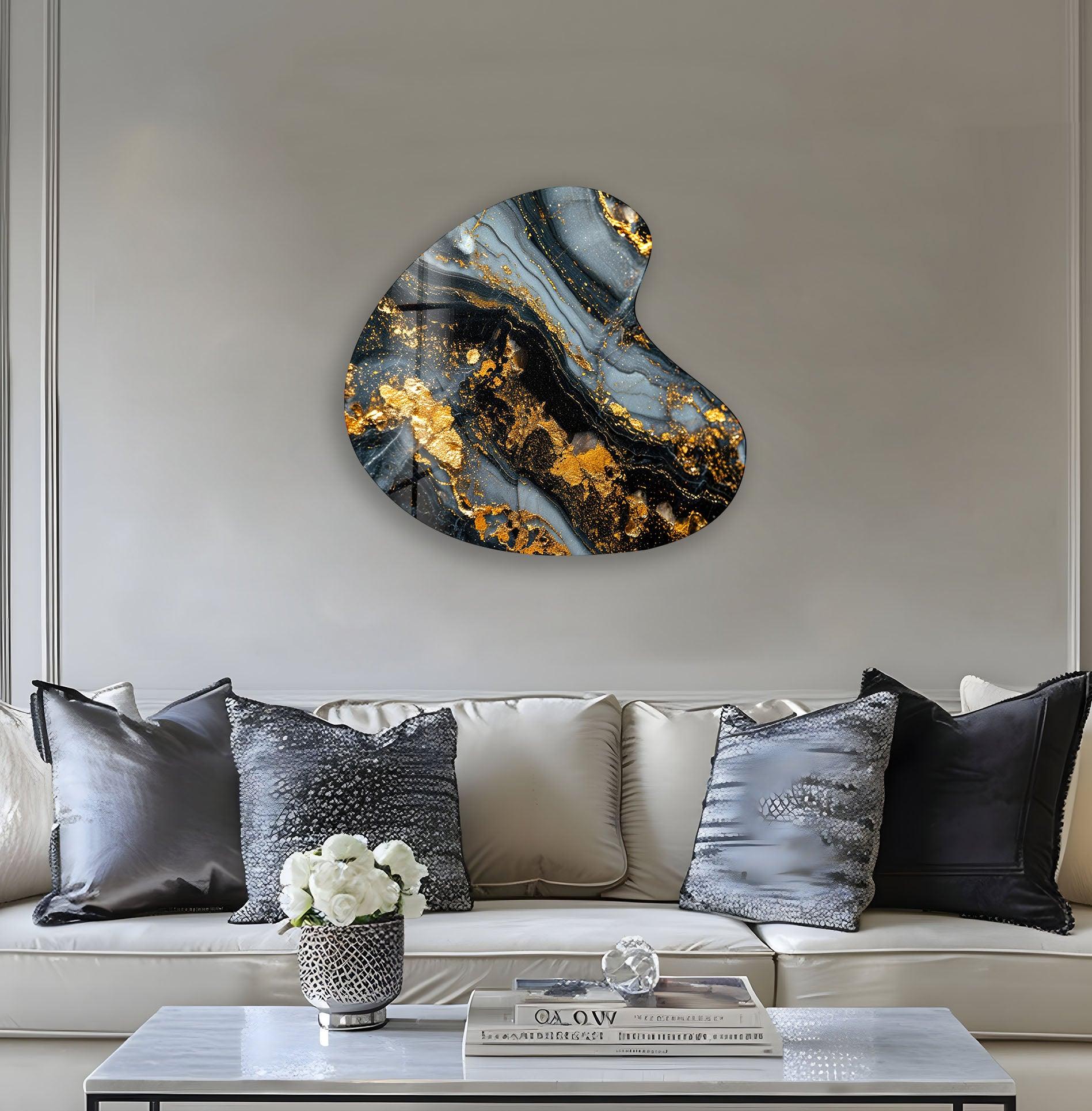 Black Marble Style Irregular Glass Wall Art - Modern Abstract Home Decor for Living Room, Bedroom & Office - Unique Handmade Glass Artwork for Wall Decoration