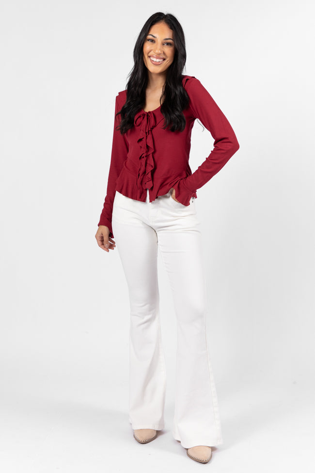 Elegant Wine Ruffle Detail Ribbed Blouse for Women - Perfect for Date Nights & Special Occasions - Final Sale