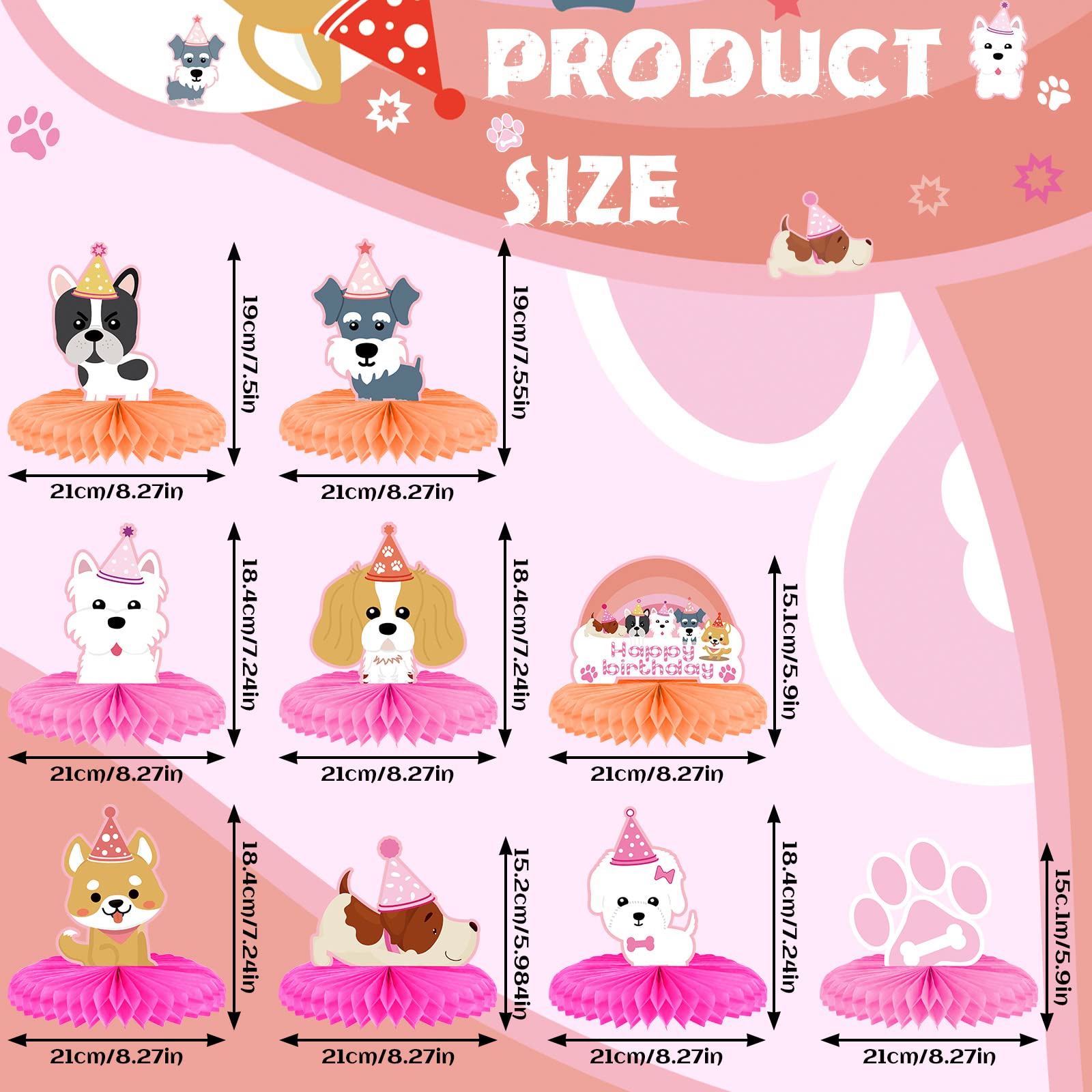 9 Pcs Pink Honeycomb Dog Themed Party Decorations - Puppy Birthday Party Supplies, Dog Party Favors & Centerpieces for Puppy Shower, Dog Birthday Party Decorations
