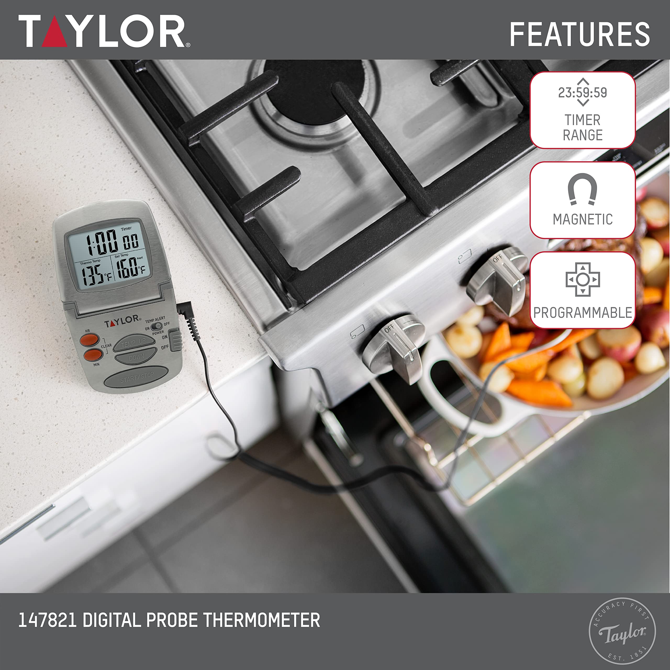 Taylor Programmable Digital Meat Thermometer with Timer & Instant Read Wired Probe - Perfect for Grilling, BBQ, Roasting, and Kitchen Cooking - Stainless Steel Food Thermometer for Turkey, Steak, Chicken, and Baking
