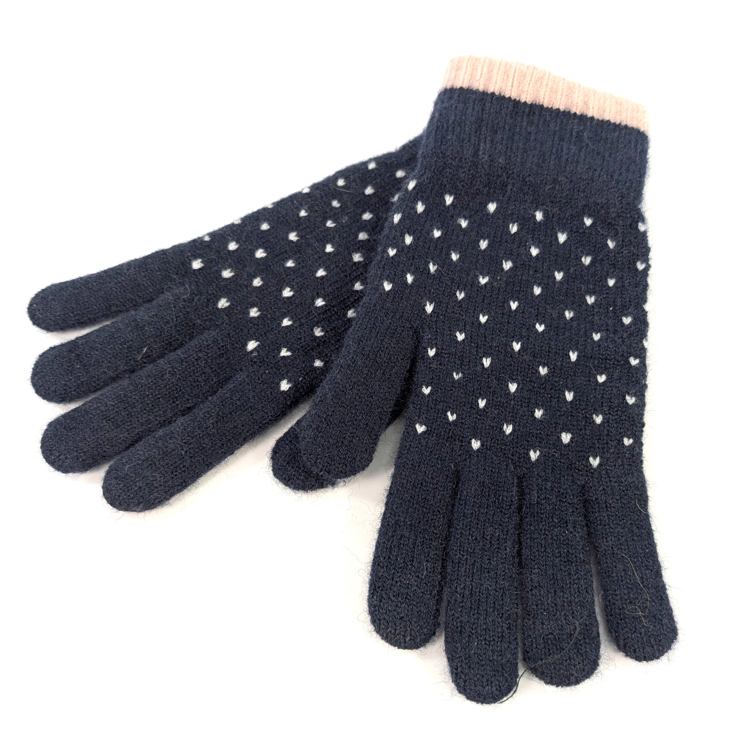 Tiny Hearts Gloves - Navy Blue Winter Gloves for Women, Soft & Warm Knitted Gloves, Perfect for Cold Weather, Outdoor Activities, and Daily Use
