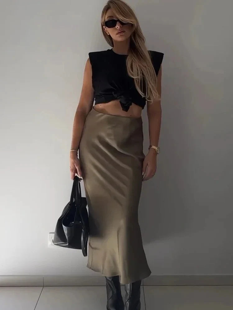 HH TRAF Women's High Waisted Midi Skirt - Elegant Satin Bodycon Mermaid Skirt for Women, Sexy Tight Long Skirt for Party, Date Night, Office Wear & Casual Outfits