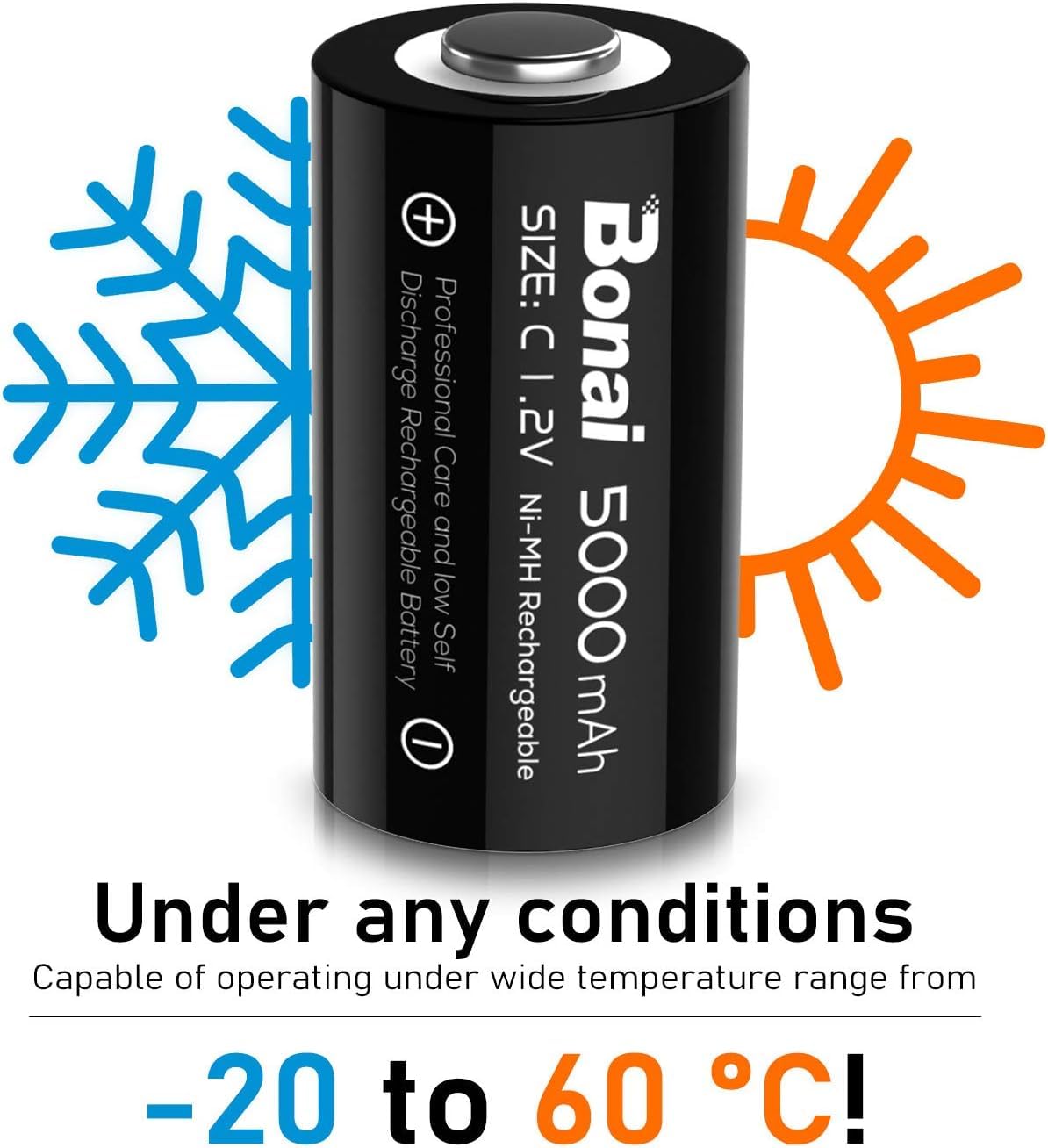 BONAI Rechargeable C Batteries 4 Pack - 5000mAh 1.2V Ni-MH High Capacity C Size Batteries for Flashlights, Toys, Radios & Emergency Devices - Long Lasting Power Supply