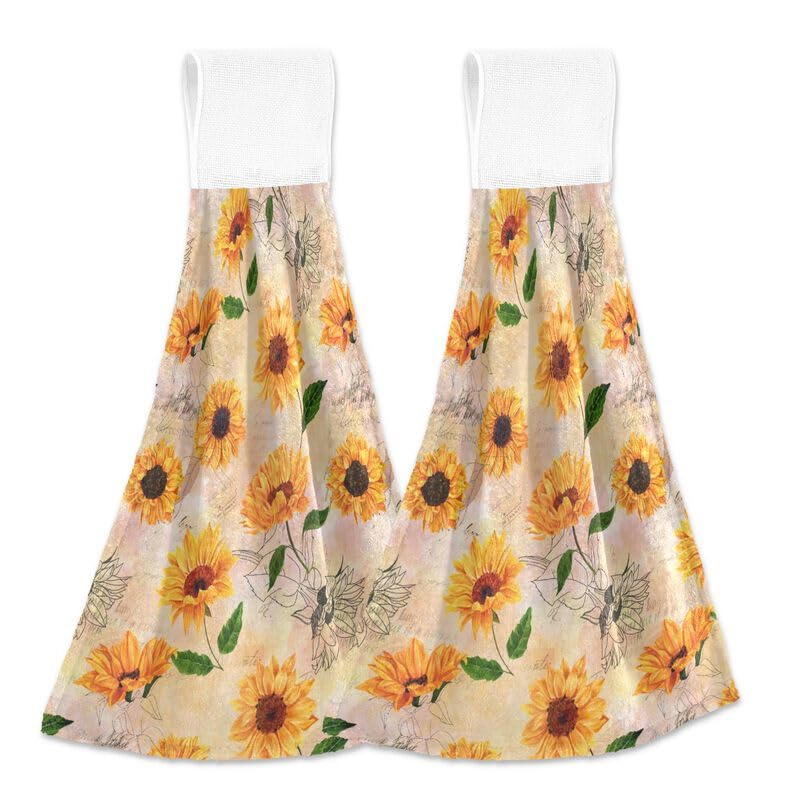 Vintage Sunflower Hanging Kitchen Towels Set of 2 - Absorbent Yellow Hand Towels with Loops for Oven, Stove & Dish Drying - Spring Summer Home Decor for Bathroom & Kitchen