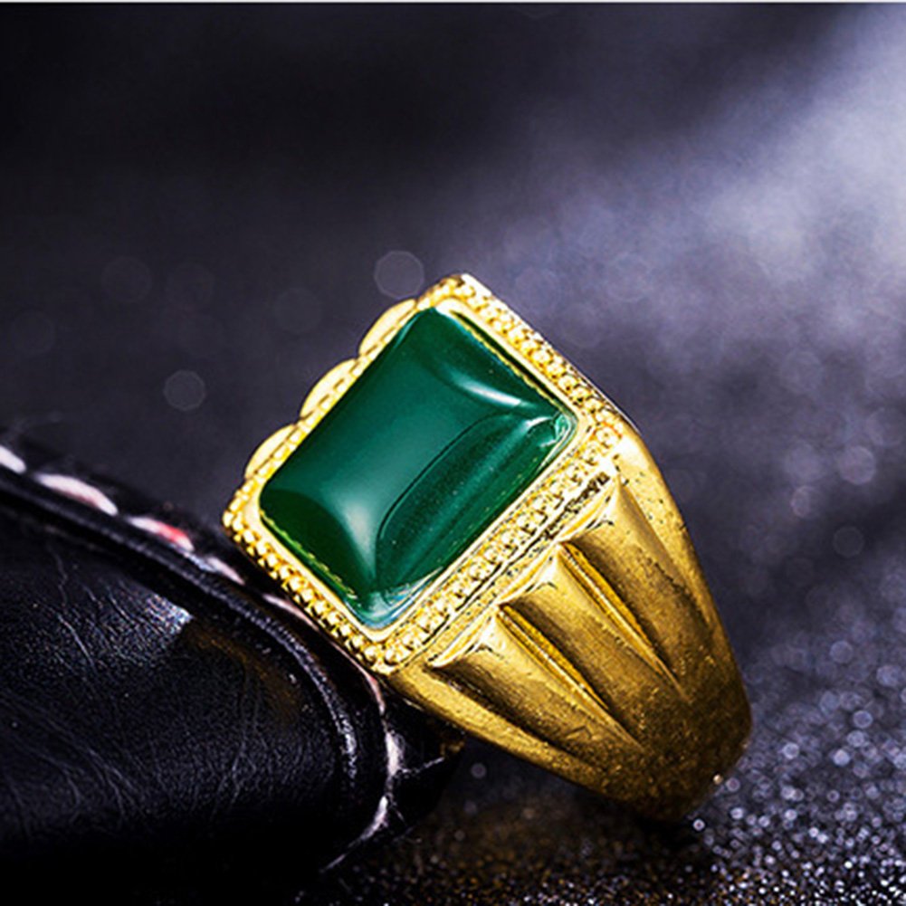 Stylish European & American Men's Ring - Gold Plated Brass Agate Ring with Gem Opening | Trendy Green Jewelry for Halloween, Birthday & Everyday Wear | Perfect Gift for Men