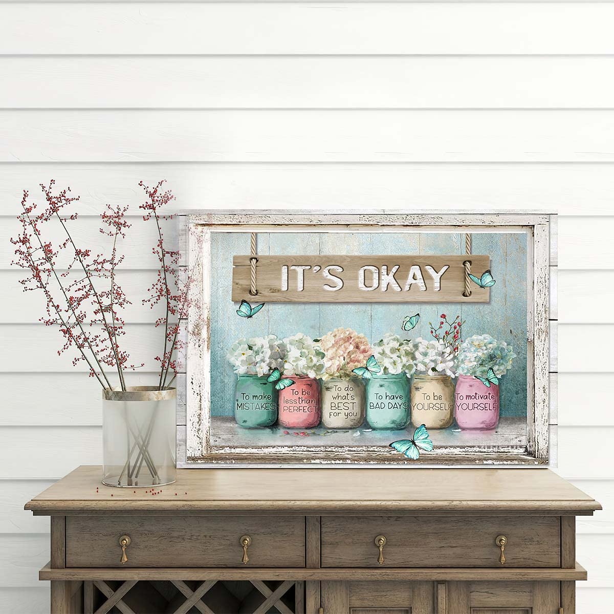 Inspiring Bible Verse Canvas Wall Art - 'It's Okay' Motivational Decor with Mason Jars & Butterflies on Teal Background - Perfect for Bedroom, Bathroom, Office & Home Decor (16x20 Inches) - Great for Stress Relief, Meditation Spaces & Christian Gift Giving