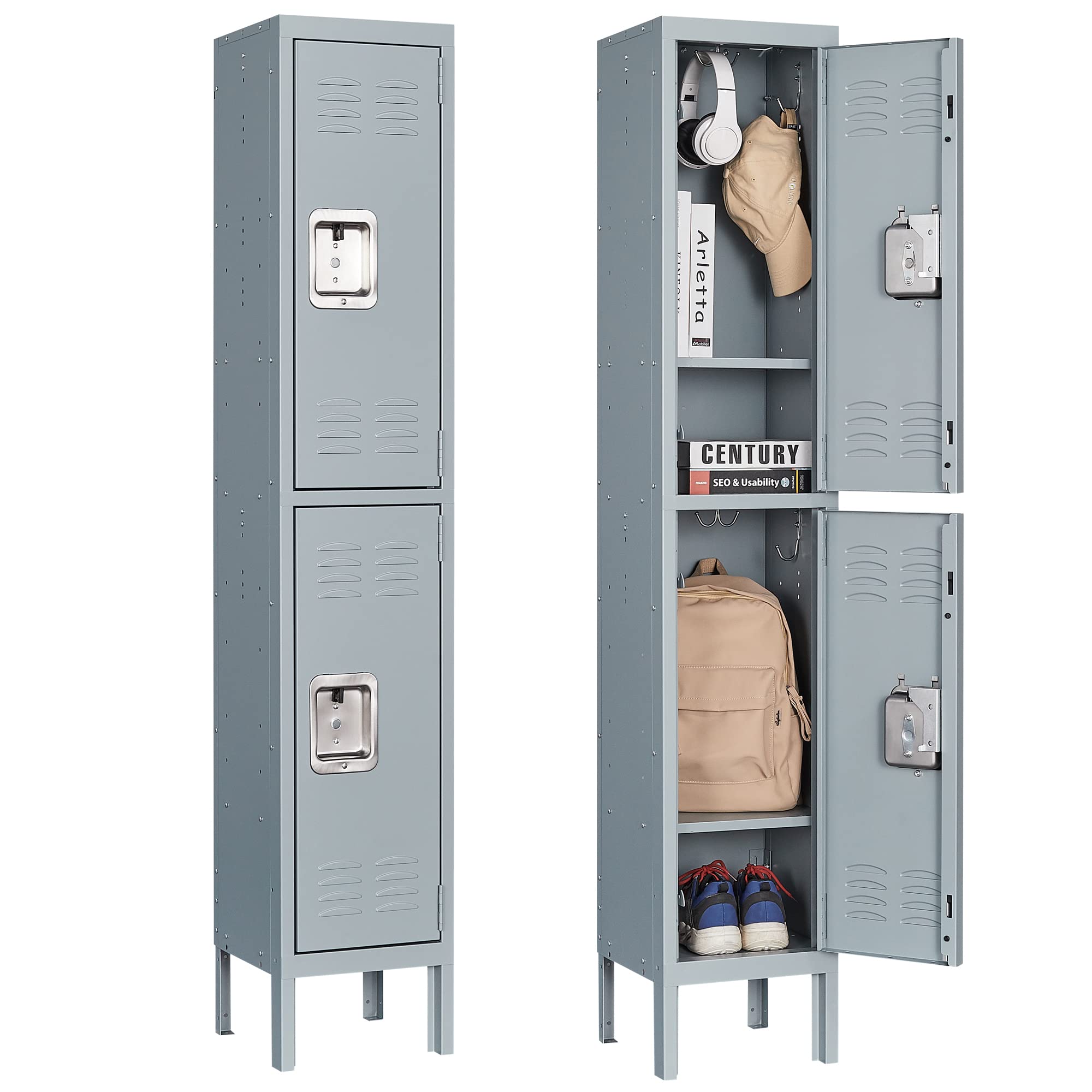 Letaya 4-Tier Metal Storage Cabinet with Locking Doors & Hooks - Secure Storage Locker for Gym, Office, Home, School - Perfect for Employee Lockers, Sports Equipment & Home Organization (2-Door, Gray)
