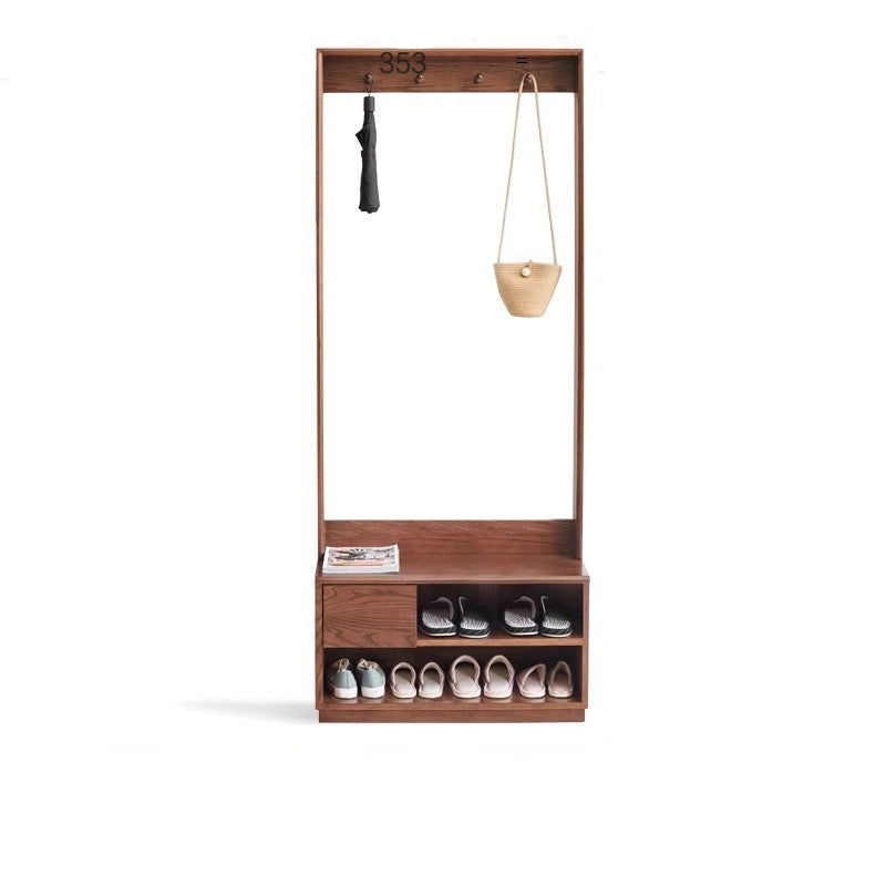 Solid Oak Wood Shoe Stool with Hanger - Space Saving Entryway Storage Cabinet for Shoes, Hats & Coats - Perfect for Small Apartments, Mudrooms & Closet Organization