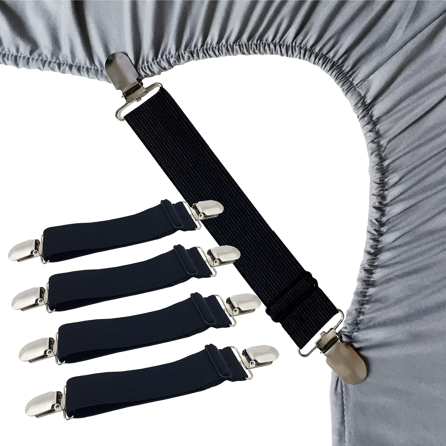 **Bed Sheet Straps & Holders - Secure Fitted Sheets on Mattress Corners - Adjustable Sheet Fasteners, Clips & Garters for Twin, Queen, King Size - Perfect for Home, Hotel, Dorm, RV Use**