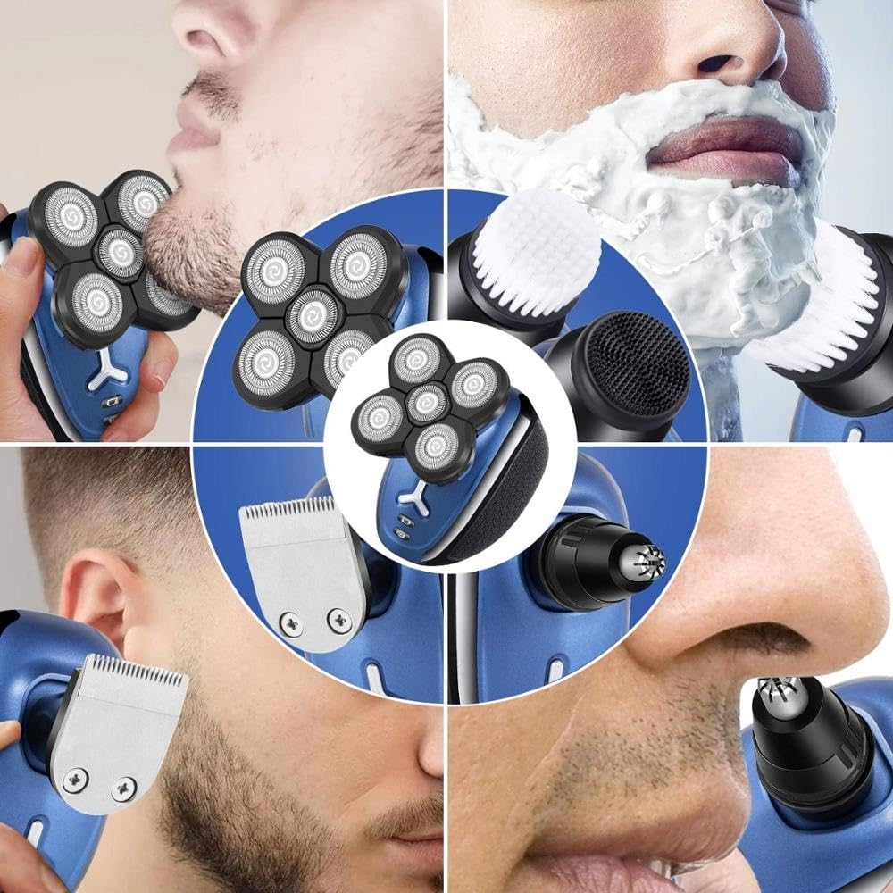 5-in-1 Electric Head Shaver for Men - Rechargeable Wet/Dry Beard Trimmer & Facial Razor | Perfect for Bald Head Shaving, Travel & Daily Grooming