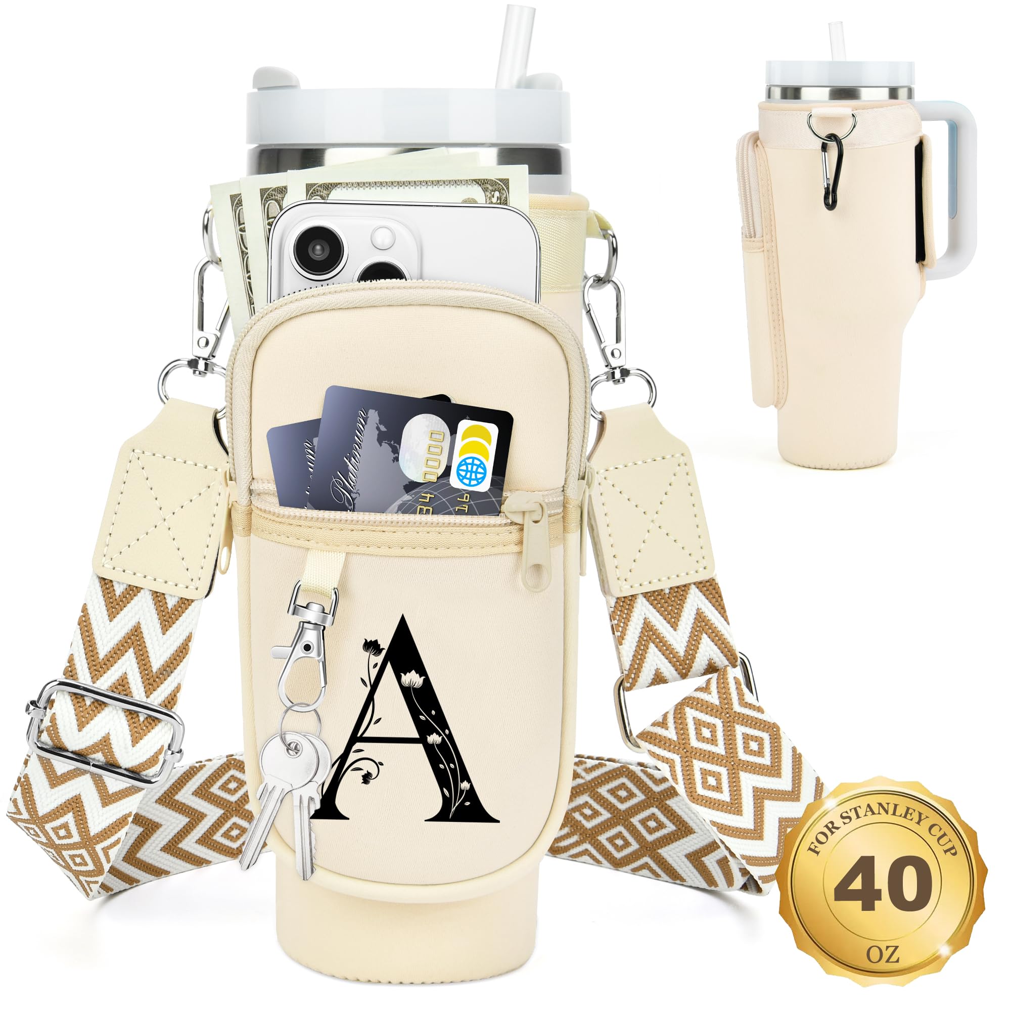 LOKASS Stanley Cup Accessories 40 oz Water Bottle Carrier Bag with Phone Pocket & Adjustable Strap - Personalized Floral Initial A-Z for Women, Girls, Stanley Cup Fans - Perfect for Gym, Hiking, Travel, Work & Outdoor Activities