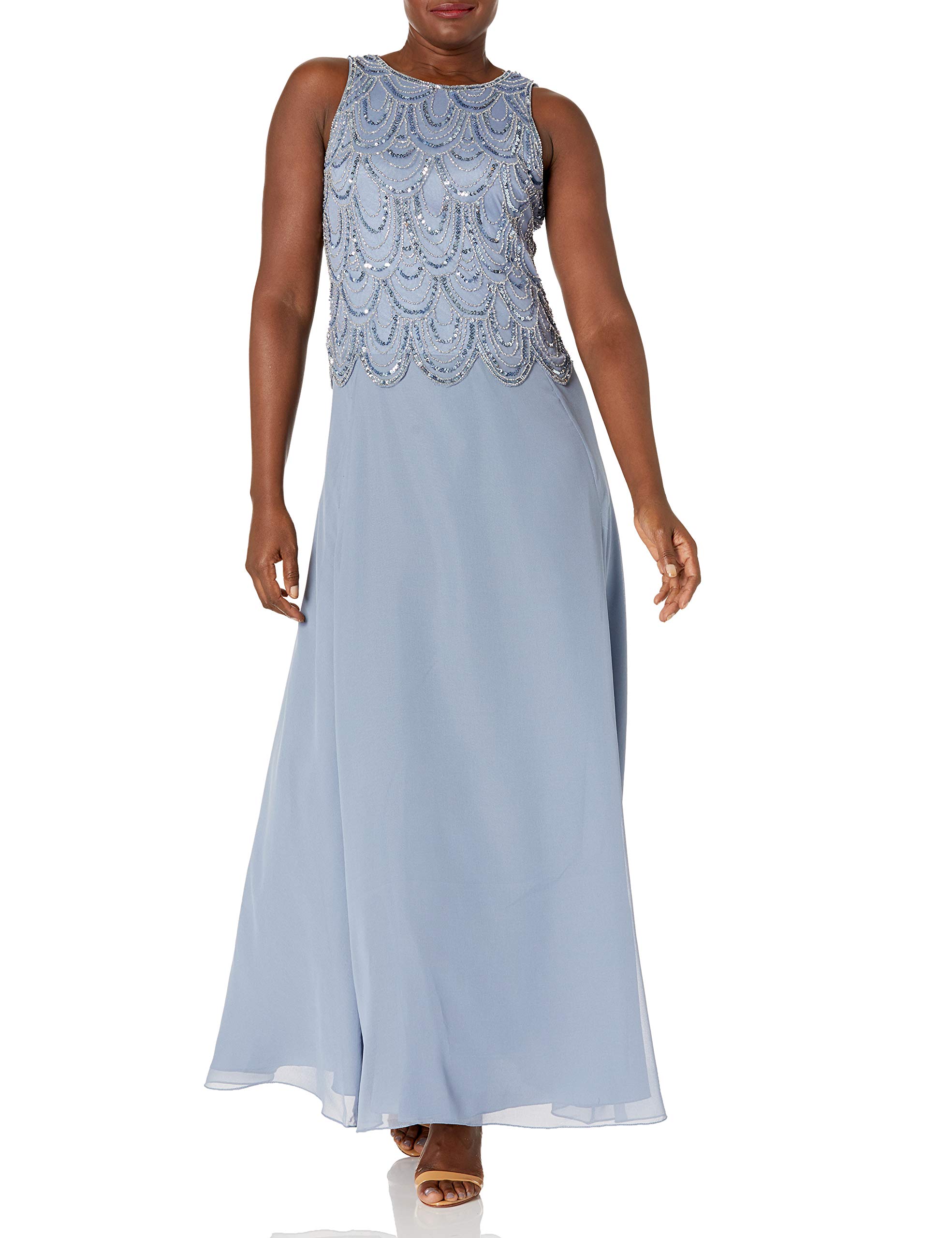 J Kara Women's Plus Size Sleeveless Beaded Long Dress with Scarf - Elegant Casual & Evening Wear for Parties, Weddings & Special Occasions