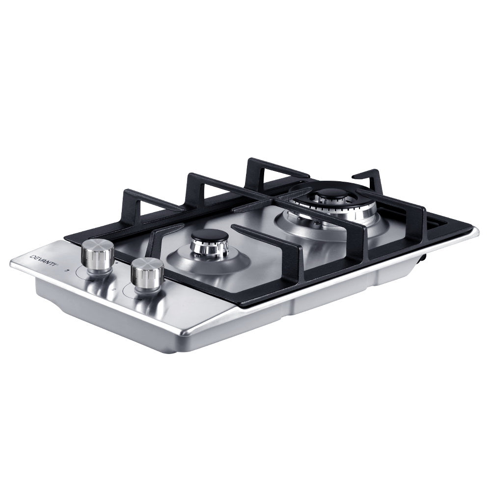 Devanti 30cm 2 Burner Gas Cooktop - Stainless Steel Silver | Compact Stove for Small Kitchens, RVs & Outdoor Cooking