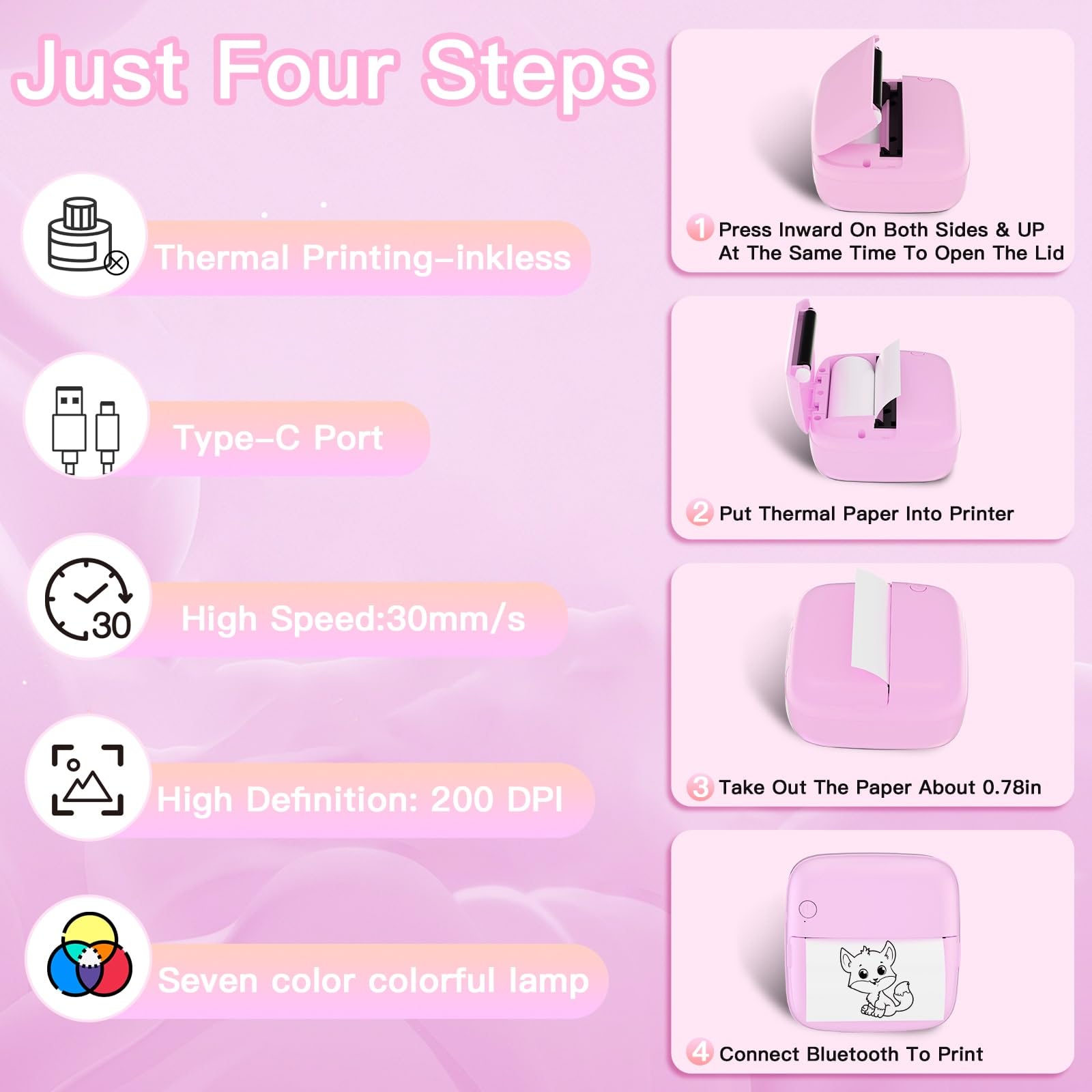 Mini Sticker Printer with 6 Rolls Paper - Portable Thermal Label Maker for DIY Scrapbooking, Travel Journaling, Note Taking & Memos - 7 Color LED Light Modes - Wireless Bluetooth Compatible with iPhone & Android Phones - Perfect for Home Office, School Projects & Gift Wrapping