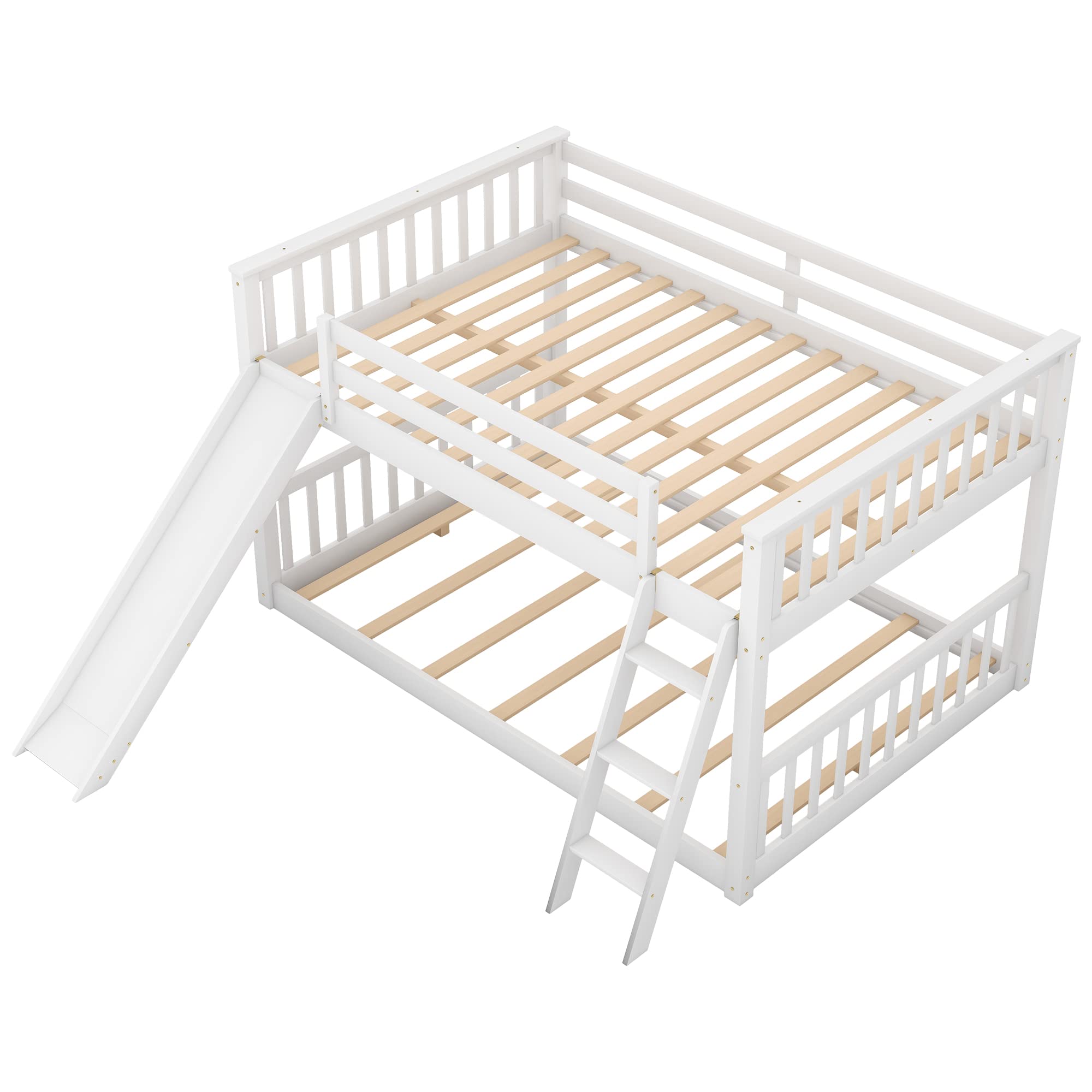 Harper & Bright Designs Full Over Full Wooden Bunk Bed with Slide & Ladder - Low Profile Kids Bunk Bed Frame for Toddlers, Teens & Children - No Box Spring Needed - White (Perfect for Small Bedrooms, Shared Kids Rooms & Sleepovers)