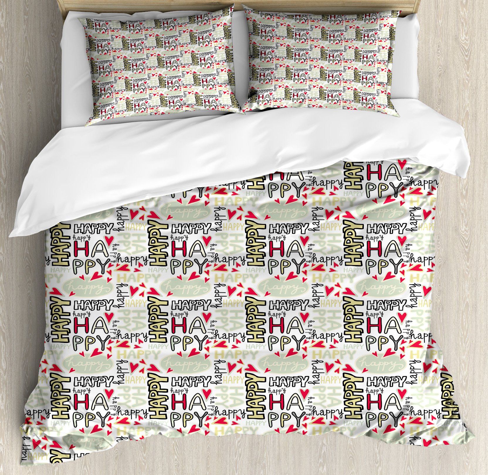 Ambesonne Cartoon Duvet Cover Set - Hand Lettering Happy Words with Heart Shapes, Positive Emotions 3-Piece Bedding Set (Queen Size, Multicolor) for Kids & Teens Room Decor, Birthday Gift Idea