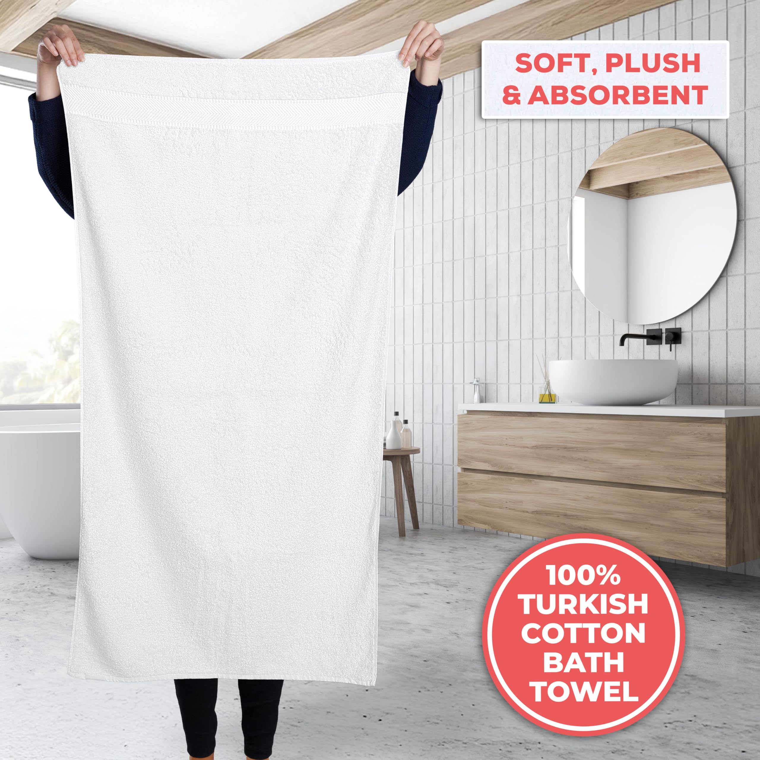 Premium 6-Piece Turkish Cotton Bath Towel Set - 100% Organic Cotton, Ultra Soft & Highly Absorbent - Includes 2 Bath Towels, 2 Hand Towels, 2 Washcloths (White) - Perfect for Spa, Hotel, and Luxury Home Bathroom Use