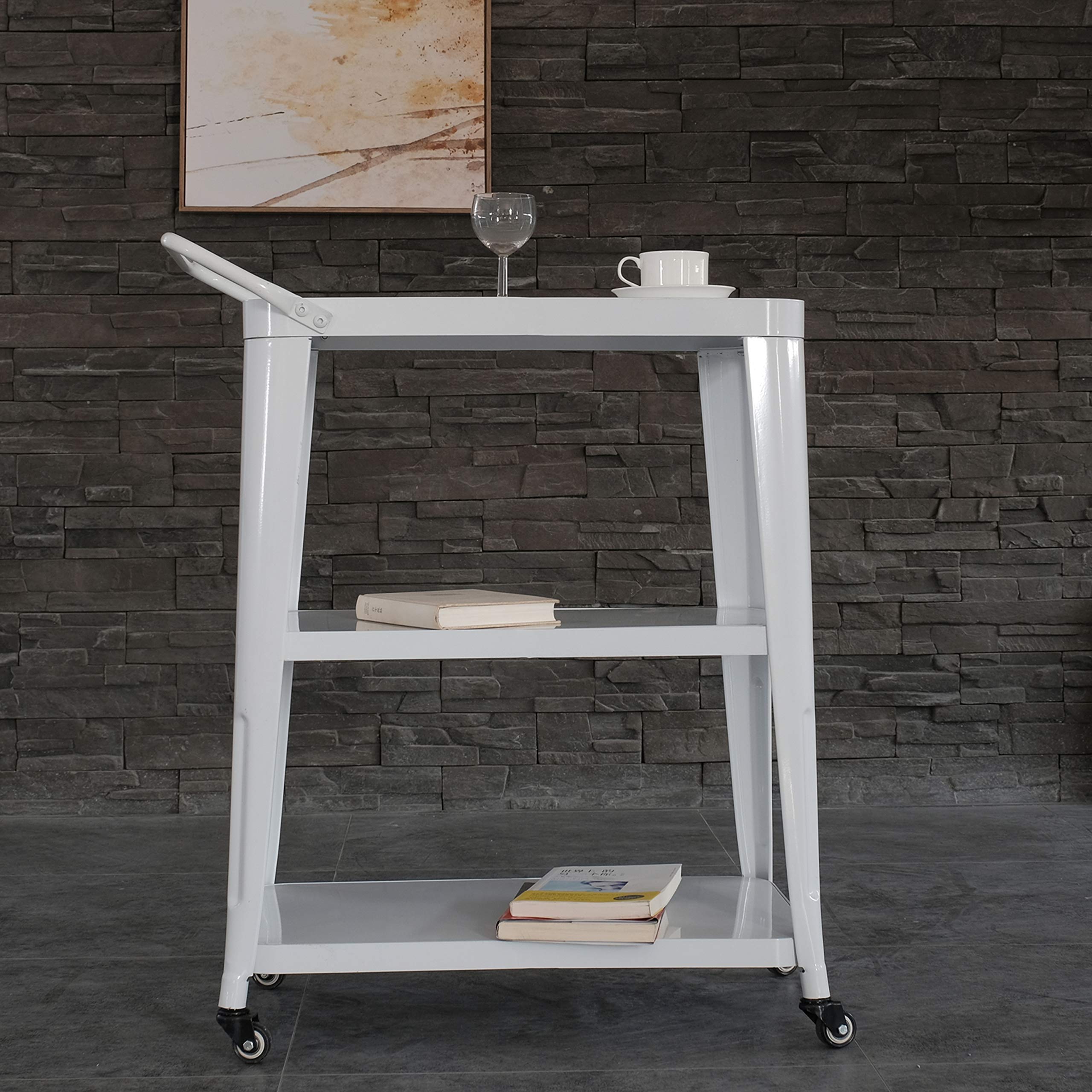 AC Pacific Harold 3-Tier Metal Rolling Cart with Swivel Casters - Durable Mobile Utility Cart with Handle & All-Metal Frame - Versatile Kitchen Cart for Serving, Bar Use, or Home Organization - Perfect for Parties, Restaurants, and Small Space Living (White)