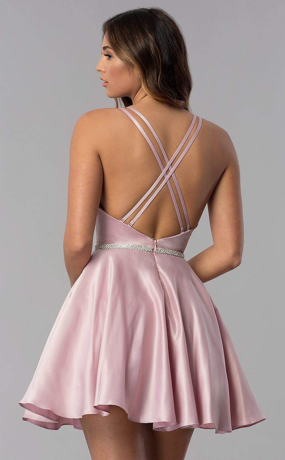 POMUYOO Women's Elegant Beaded Satin Prom Dress - Scoop Neck Short Homecoming Dress with Pockets | Perfect for Parties, Dances & Special Occasions