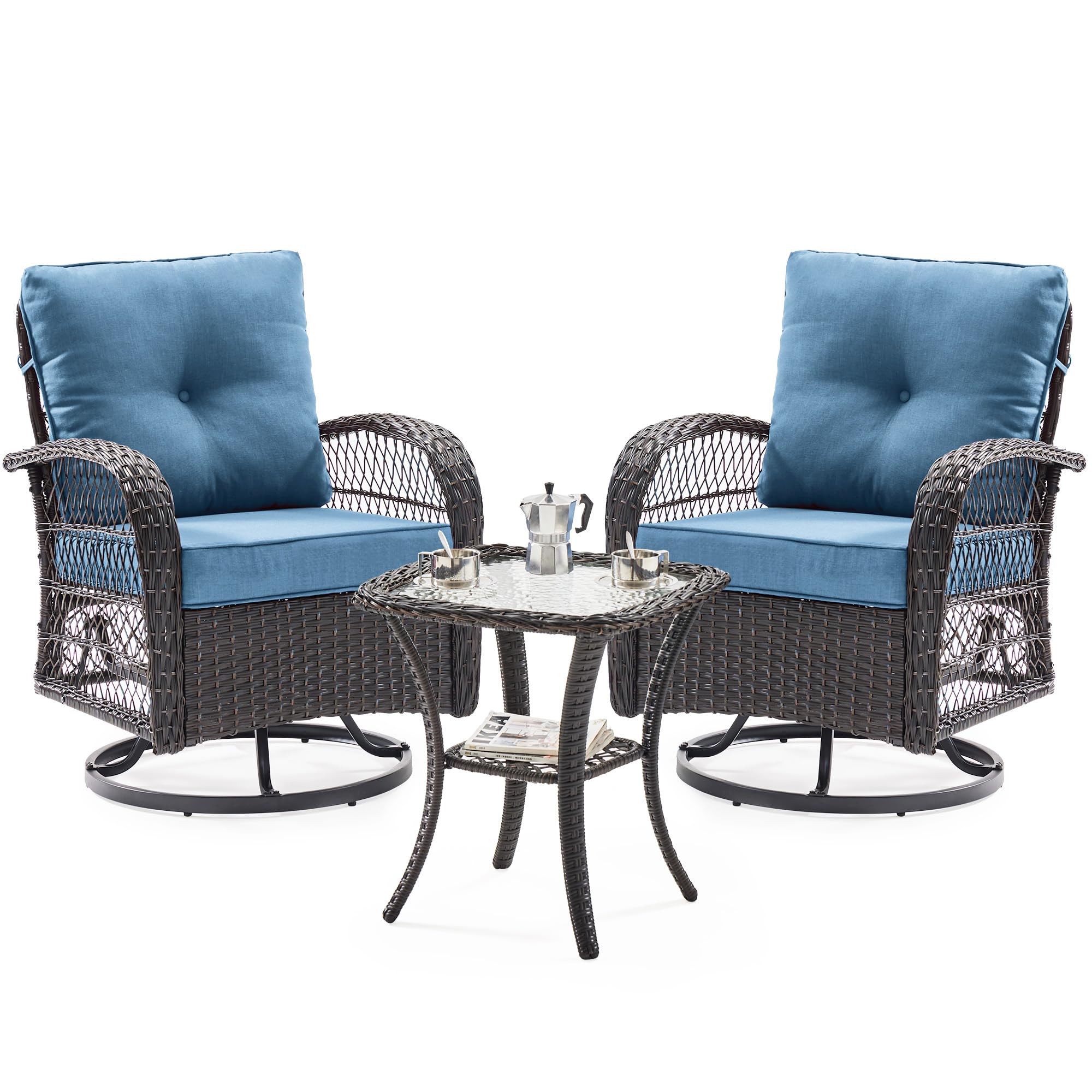 UDPATIO 3-Piece Outdoor Patio Furniture Set - 2 Swivel Rocking Chairs with Thick Cushions & Glass Coffee Table, All-Weather Wicker Glider Chairs for Porch, Deck, Backyard, Garden (Blue) - Perfect for Relaxing, Entertaining & Enjoying Outdoor Living