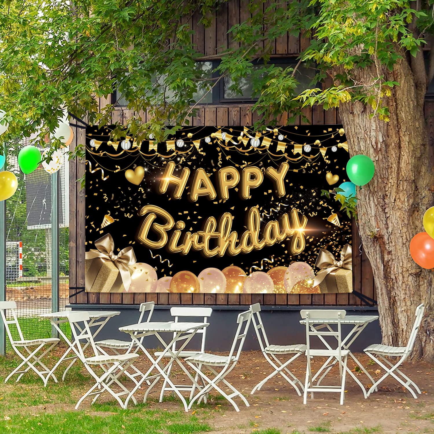 Extra Large Happy Birthday Backdrop Banner - 71 x 43.3 Inch Black Gold Fabric Sign for Photo Booth, Party Decorations | Perfect for Men & Women Birthday, Anniversary Celebrations | Great Gift Idea for Party Supplies