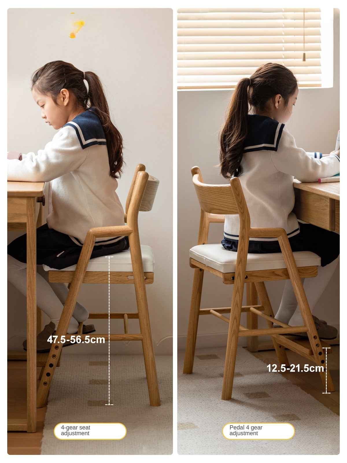 Adjustable Height Oak Solid Wood Kids Chair - Sturdy & Ergonomic Design for Study, Dining & Playtime