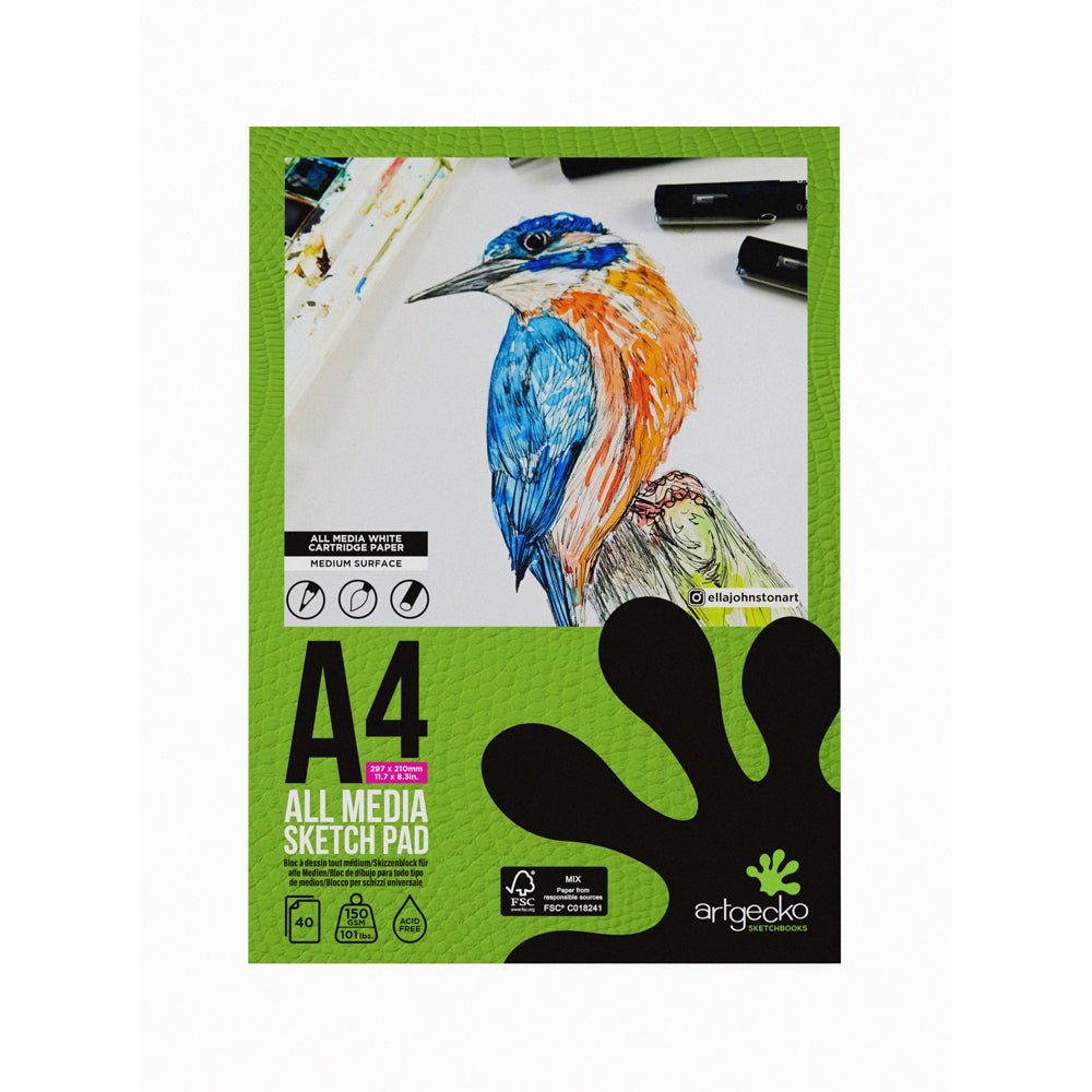 Artgecko Pro All Media Sketchpad - A4 Size, 40 Sheets, 150gsm White Paper for Drawing, Sketching & Mixed Media Art - Perfect for Artists, Students & Professionals